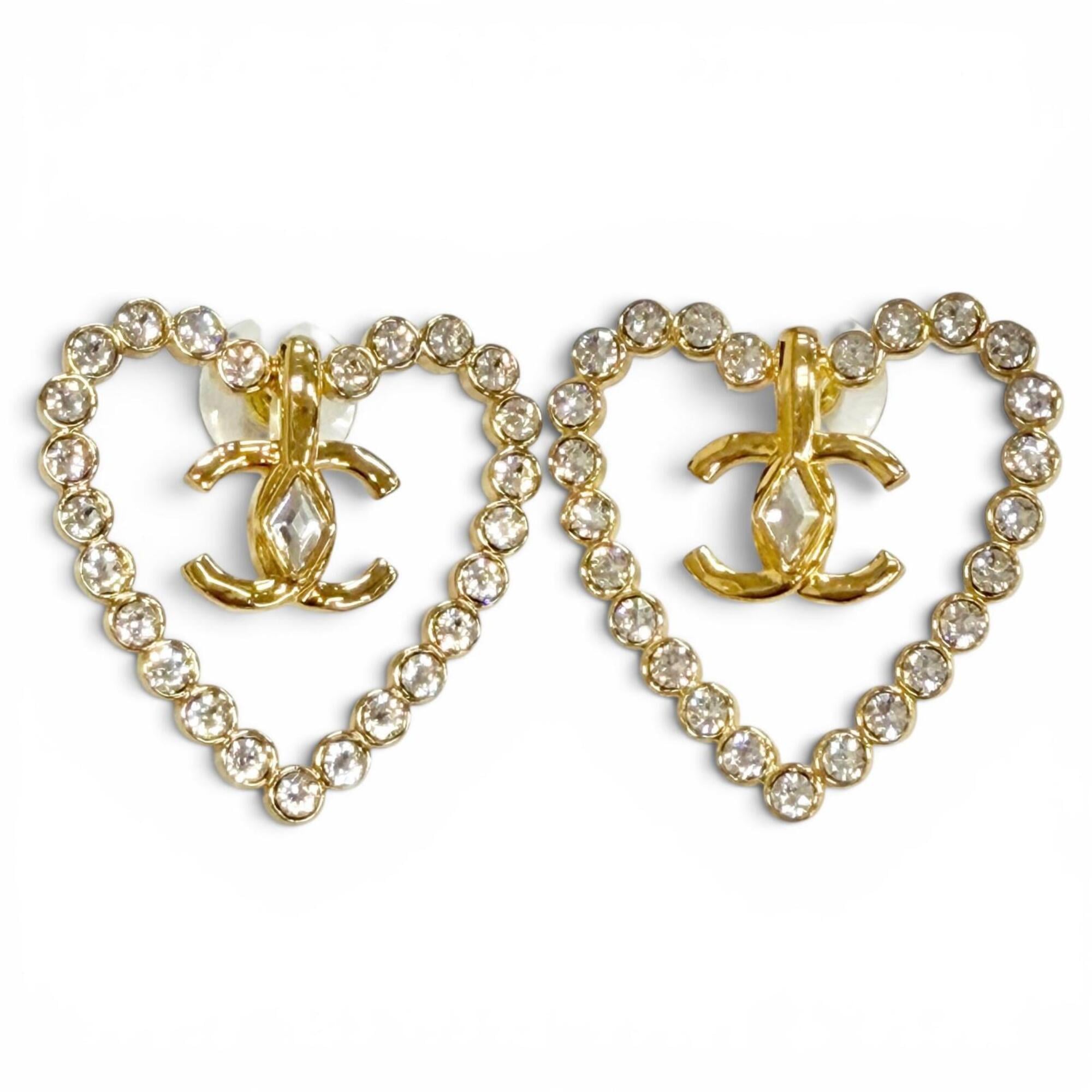 CHANEL L23C AB9926 Coco Mark Heart Crystal Rhinestone Earrings (Pair) Gold, Made in Italy, Women\'s,