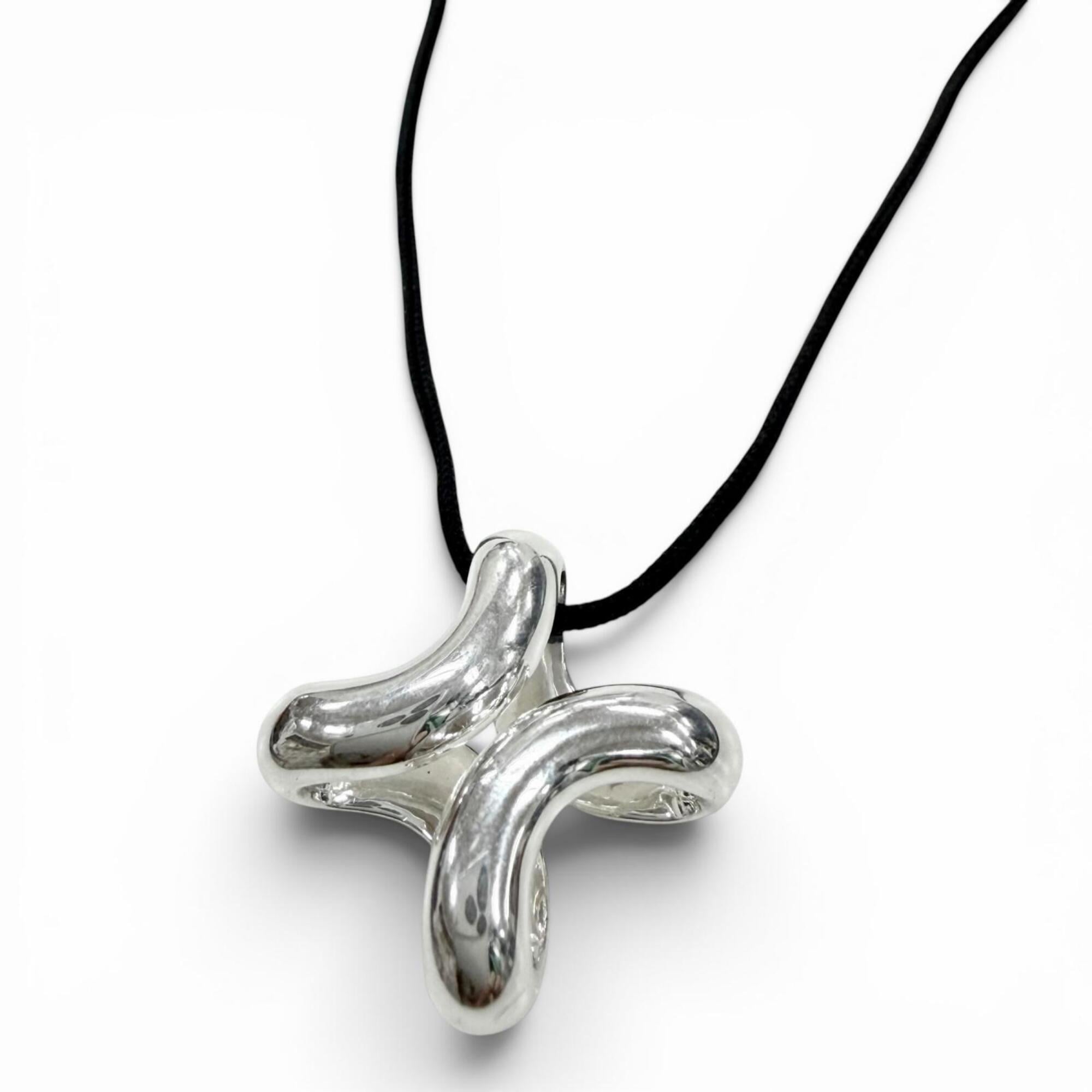 HERMES Lima PM AG925 Fabric Necklace, Silver/Black, Total Weight 12.8g, Men\'s/Women\'s Accessory