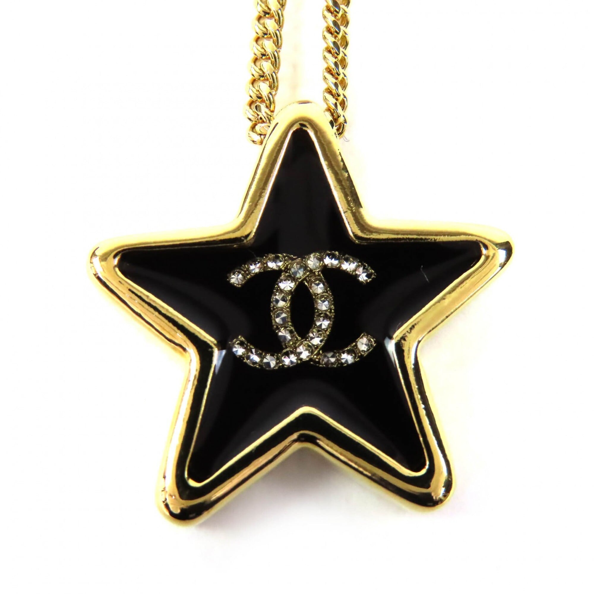 CHANEL ABG573 D25K Crystal Coco Mark Star Necklace Pendant, Gold and Black, with Box, Made in France