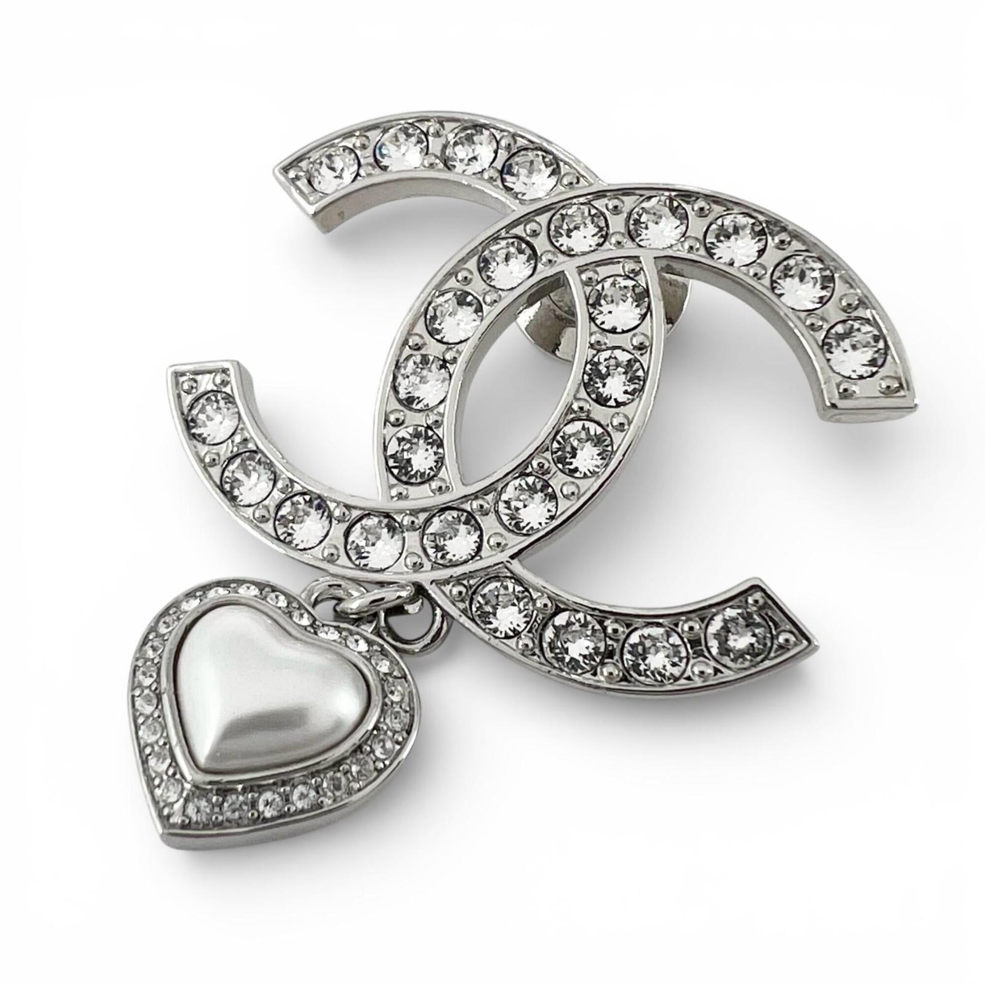 CHANEL B23 Coco Mark Heart Rhinestone Pin Badge Brooch, Silver, Made in Italy, Women\'s