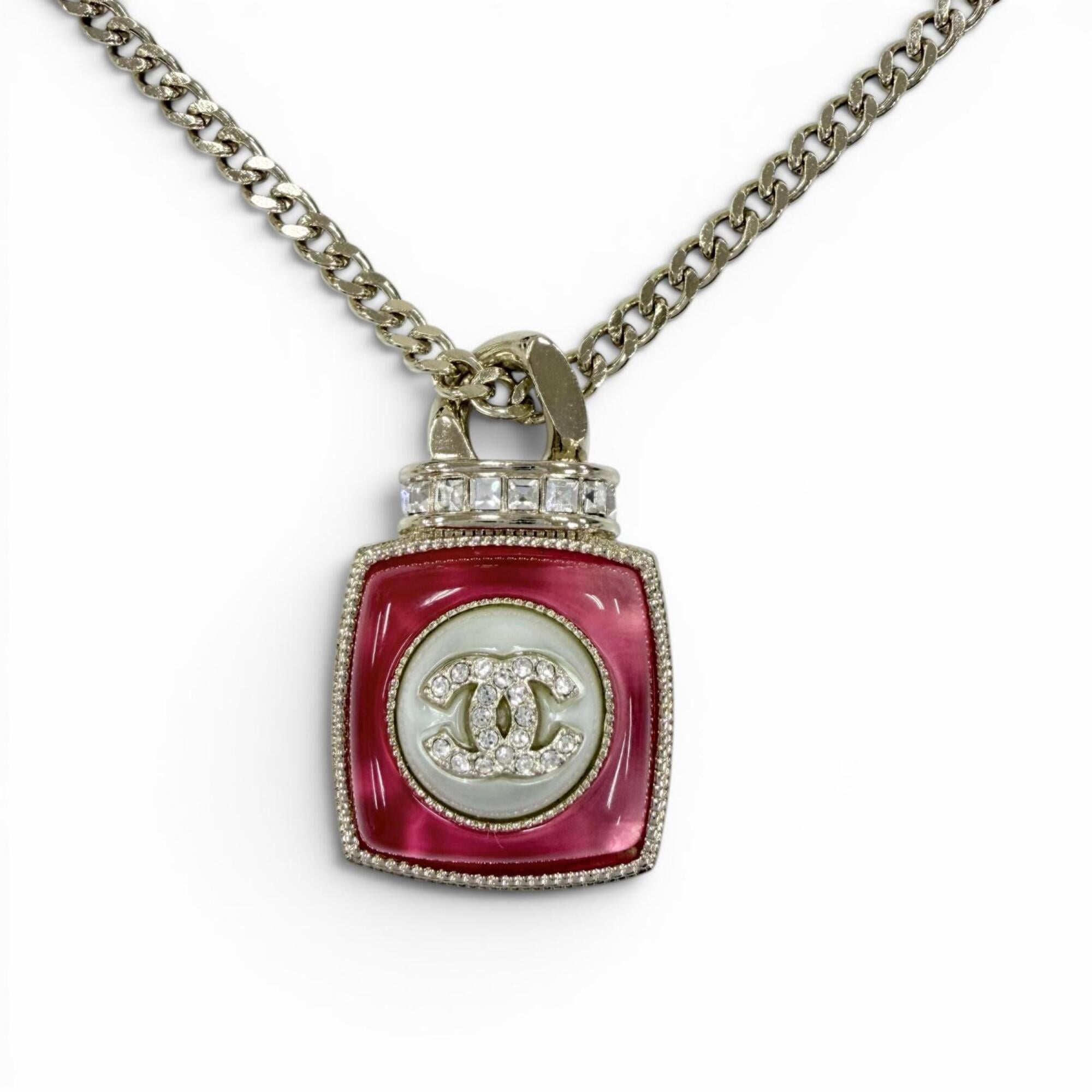 CHANEL A22C Coco Mark Rhinestone Perfume Motif Pendant Necklace, Gold and Pink, Made in France, Wome