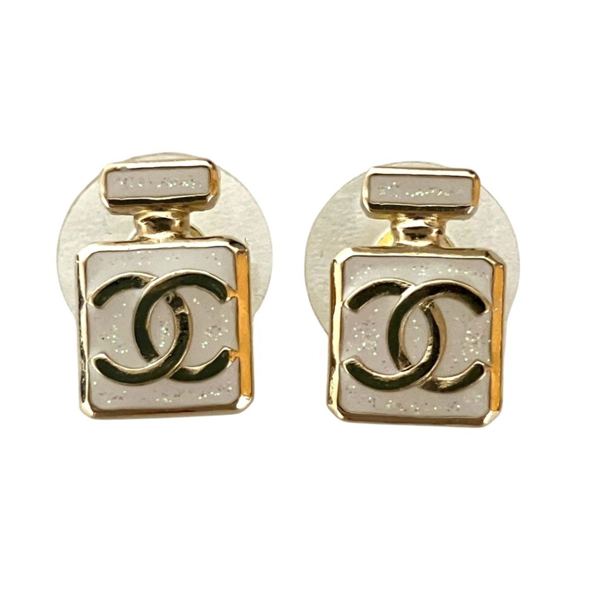 CHANEL L25P Perfume Bottle Motif Stud Earrings, White, Women\'s