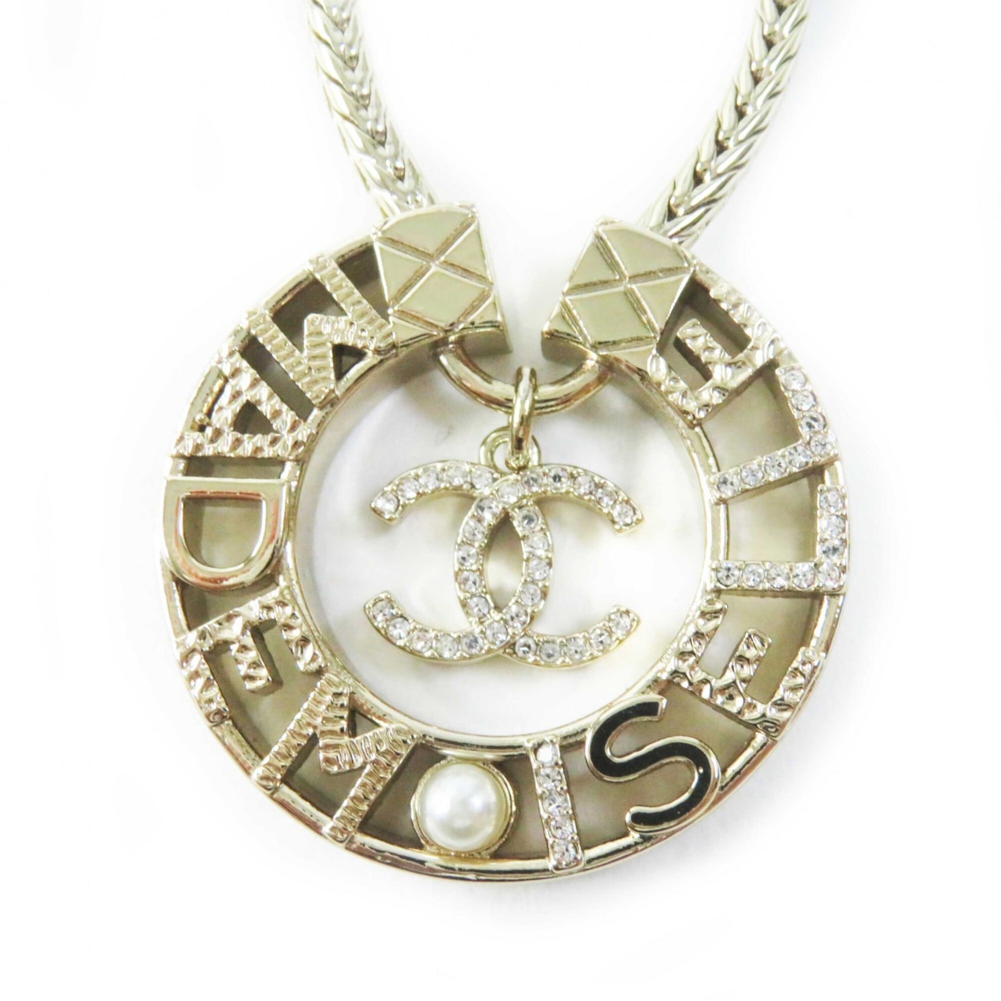 CHANEL Y22X MADEMOISELLE Rhinestone Coco Mark Necklace Pendant Gold with Box for Women