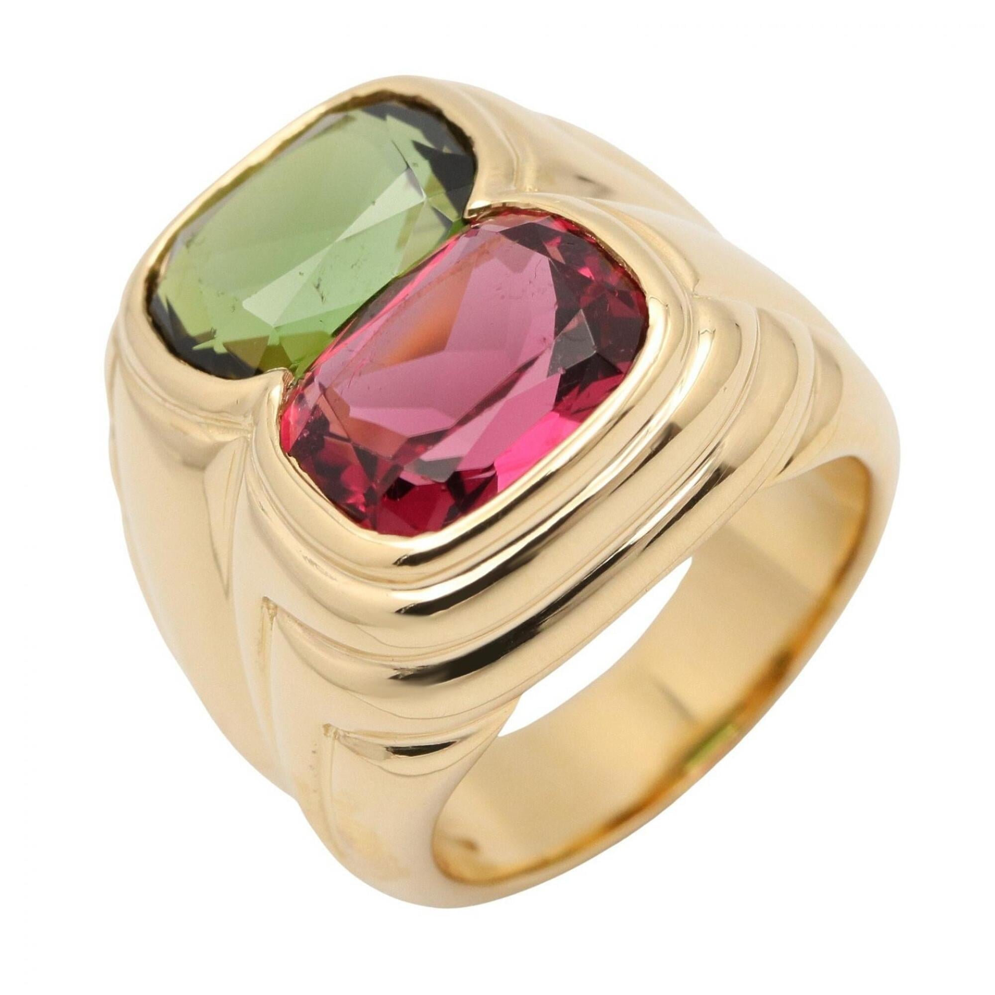 BVLGARI Doppio Bachelorette Ring, Peridot and Pink Tourmaline 18K (Yellow Gold), Peridot, Tourmaline