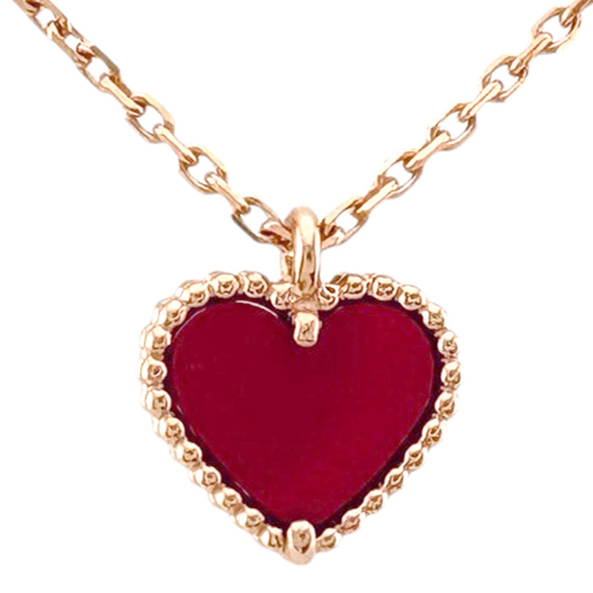 Van Cleef & Arpels Sweet Alhambra Necklace, 18K Pink Gold Carnelian Necklace for Women, Heart Design