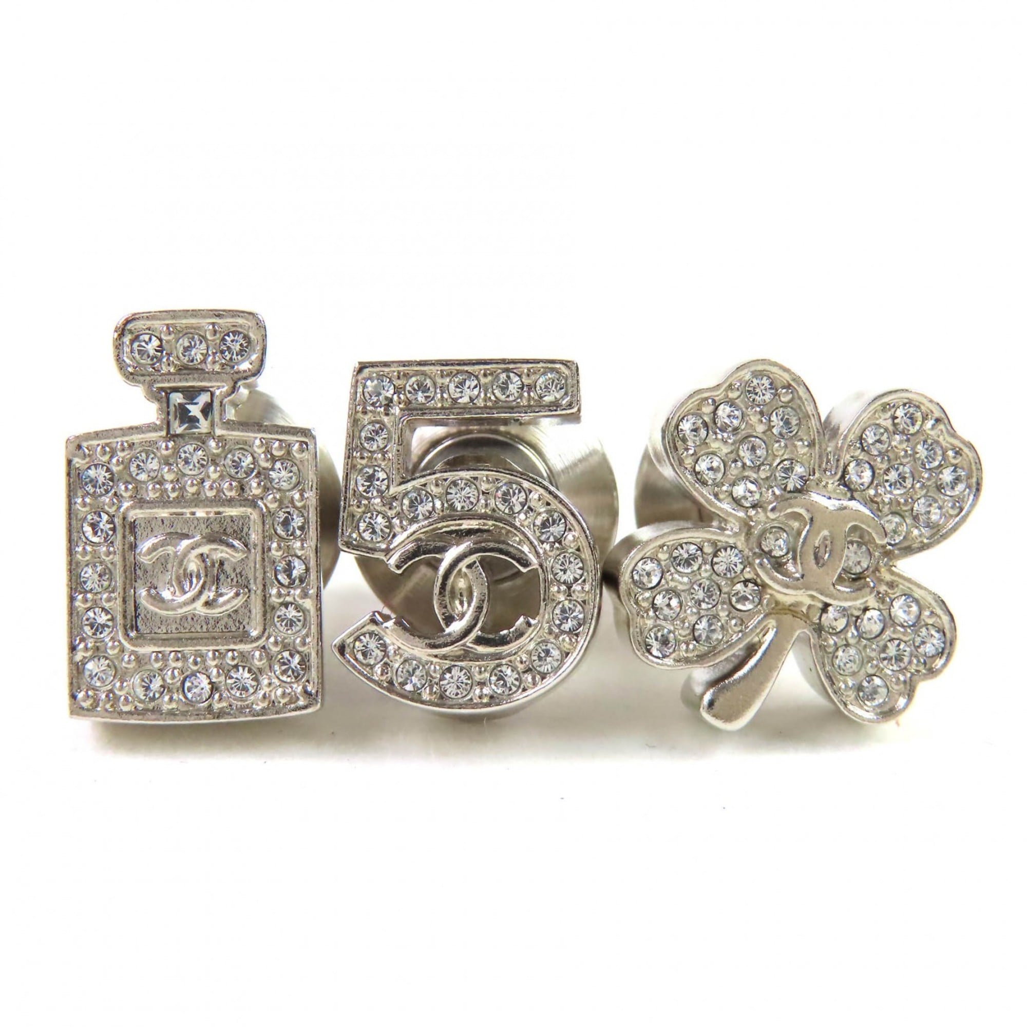 CHANEL A22P Coco Mark Icon Rhinestone No. 5 Clover Bottle Pins/Brooch Set of 3, Silver, with Box, Ma