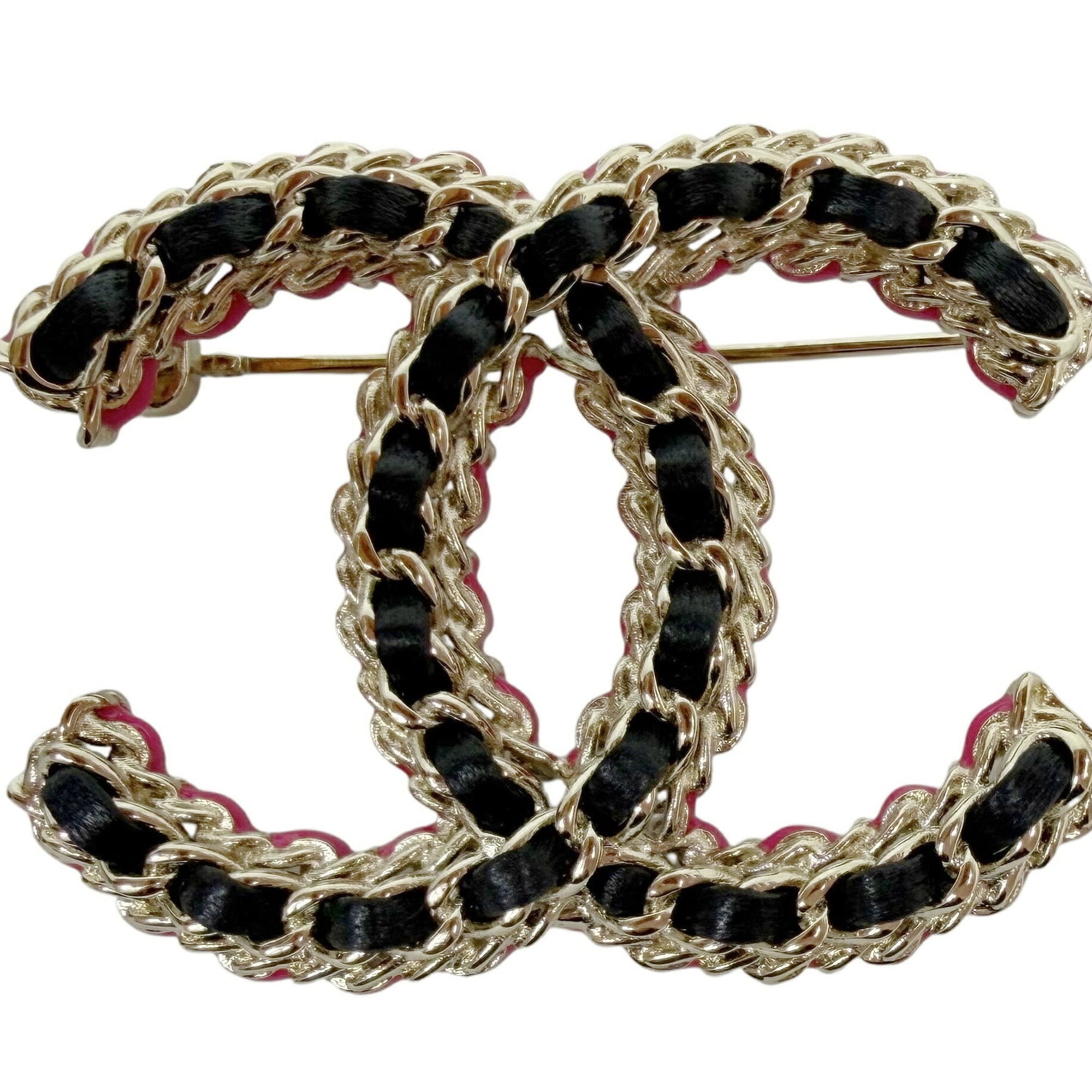 CHANEL CC Brooch Coco Black Pink B23B Champagne Gold Leather Chain Women\'s Men\'s
