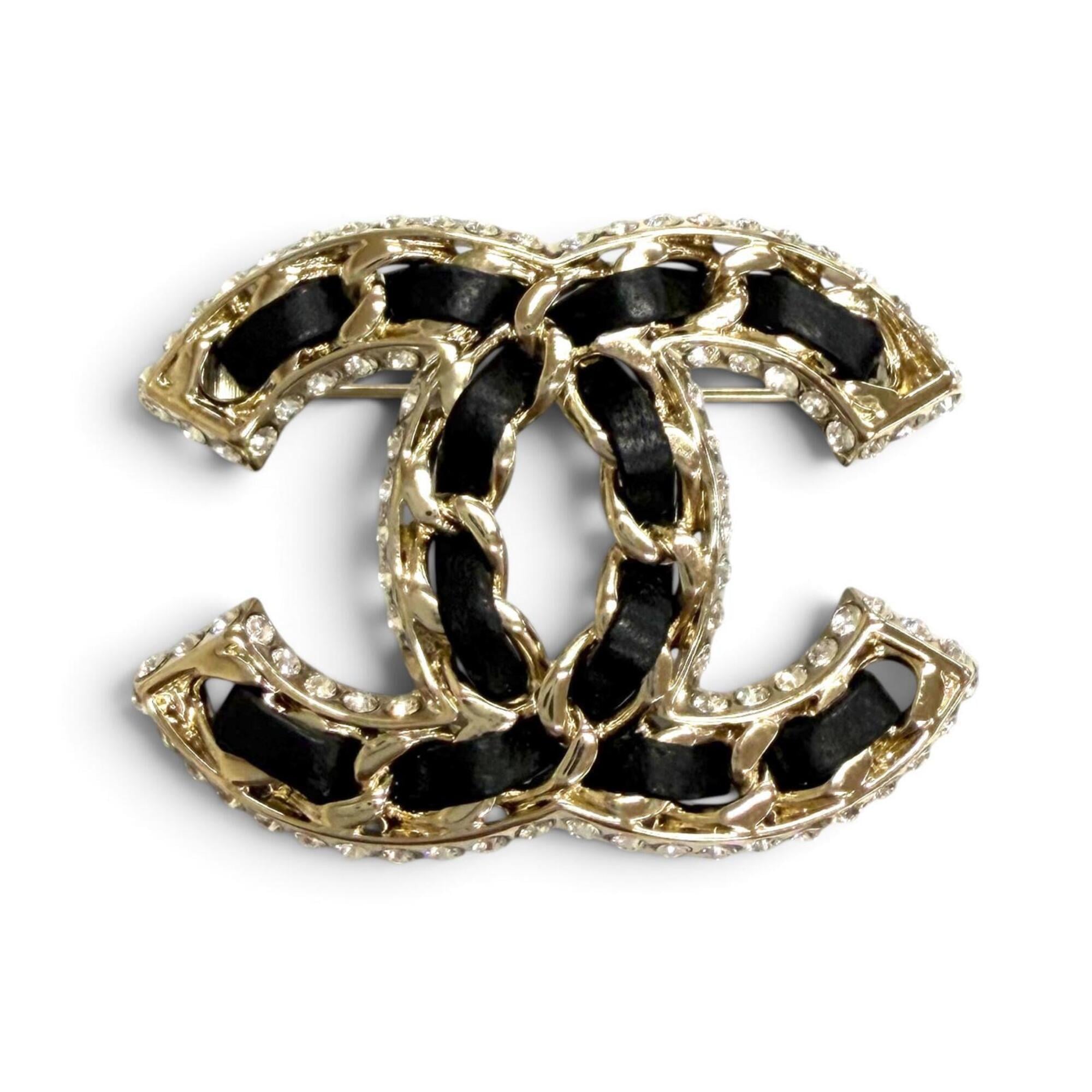 CHANEL B23P Coco Mark Lambskin Rhinestone Brooch, Black with Gold Hardware, Made in Italy, Women\'s,