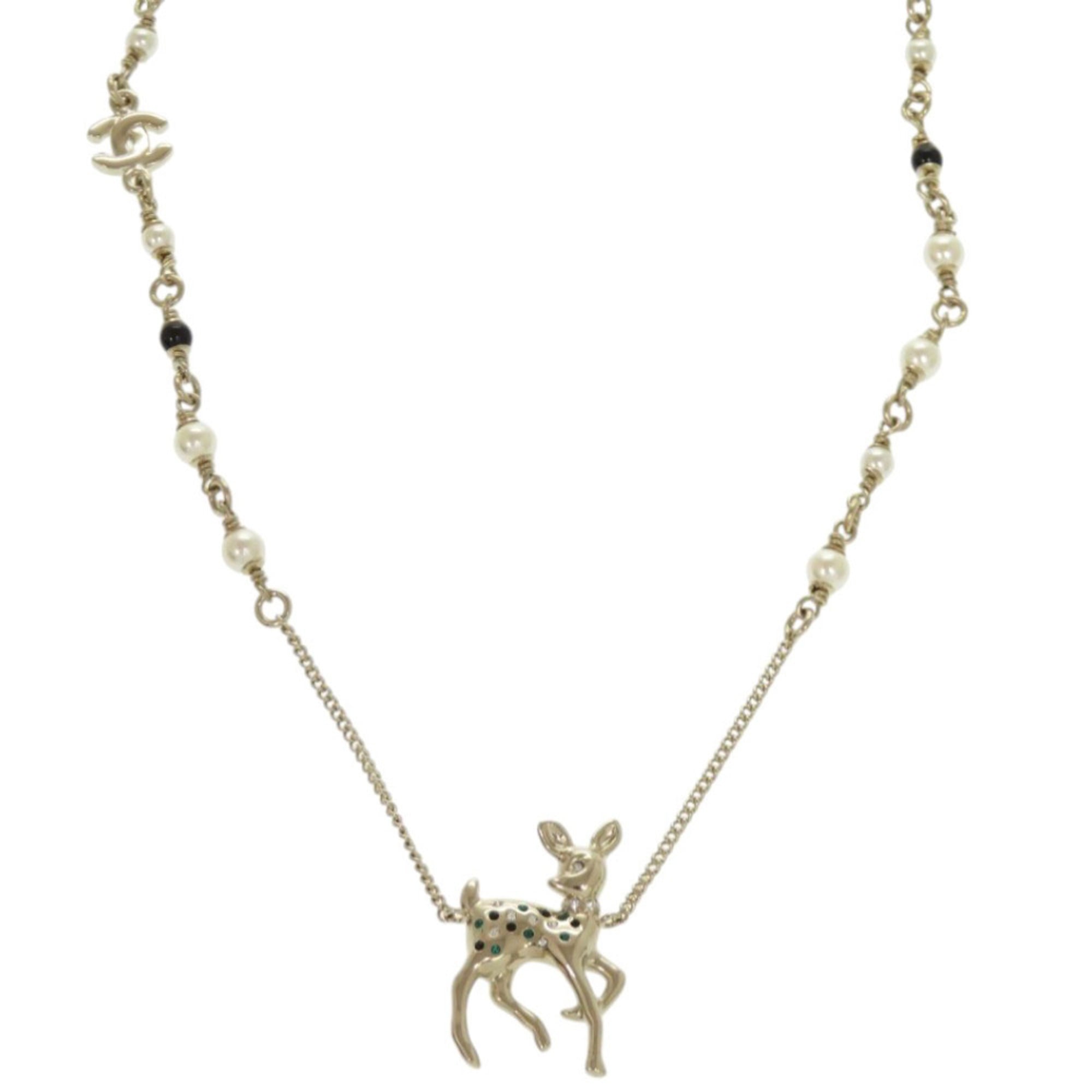 Like new Chanel deer motif GP rhinestone gold necklace 1815CHANEL