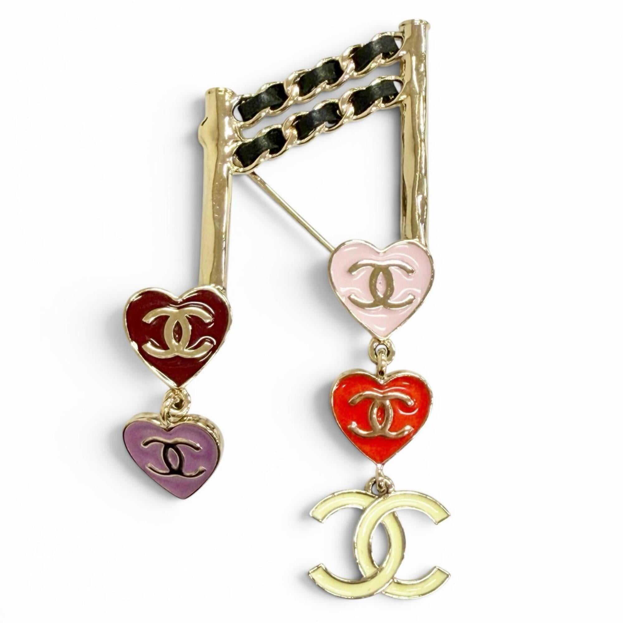 CHANEL L24A ABE085 Coco Mark Heart Musical Note Brooch, Gold Multicolor, Made in France, Women\'s, C
