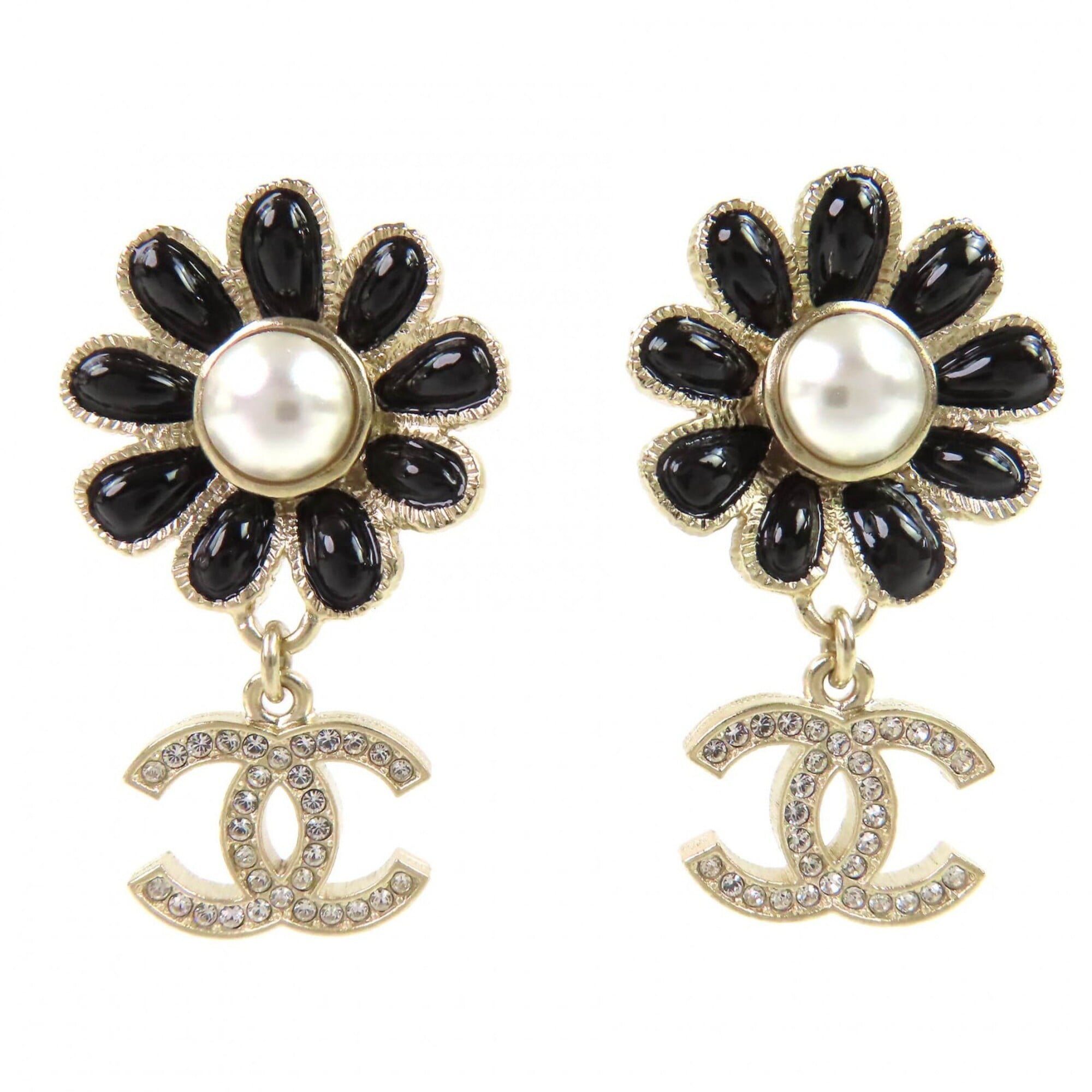 CHANEL A22K GP Coco Mark Flower Rhinestone Faux Pearl Swing Earrings (Pair) Gold Black Made in Franc