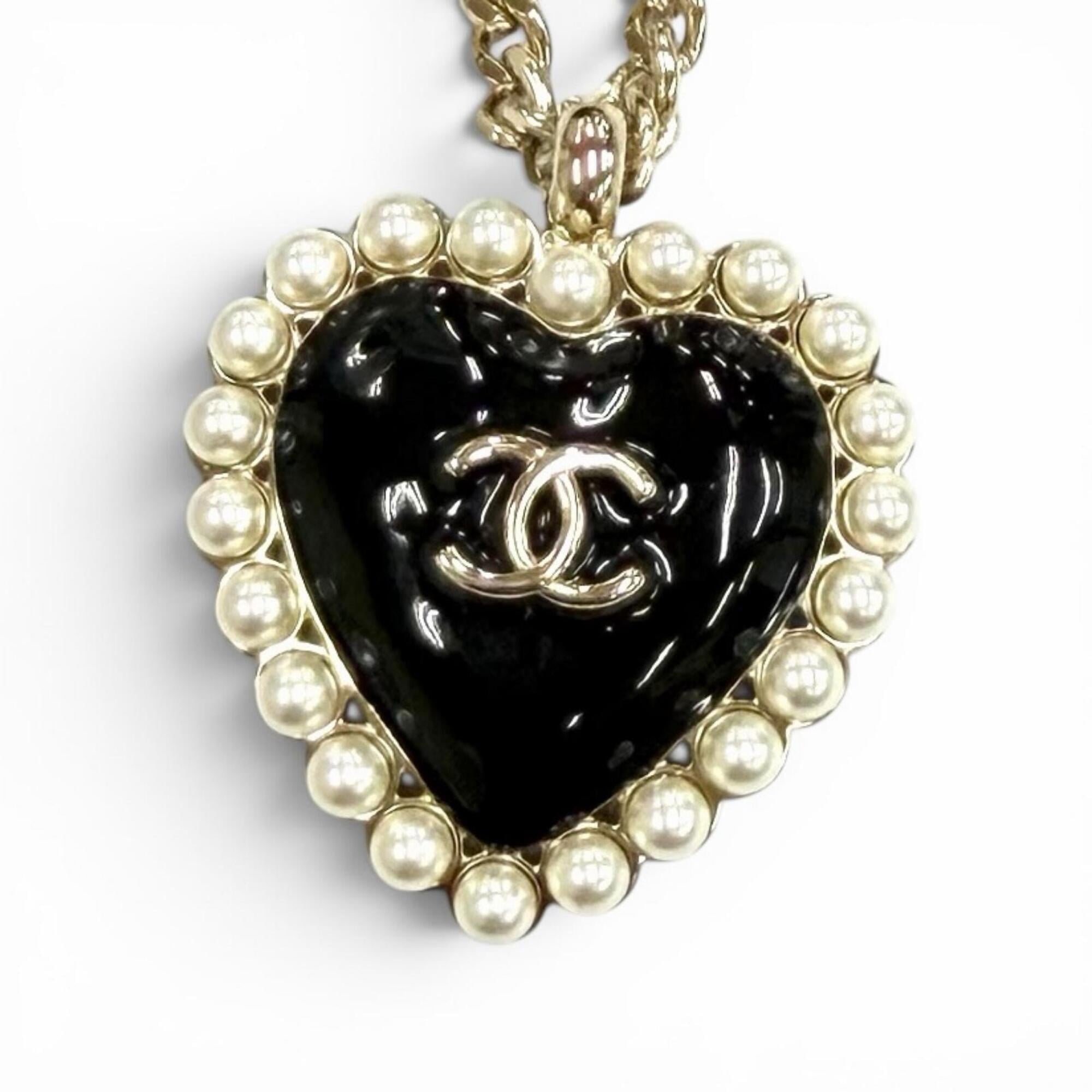 CHANEL B25 Coco Mark Pearl Heart Pendant Necklace, Black, White, Gold Hardware, Made in Italy, Women