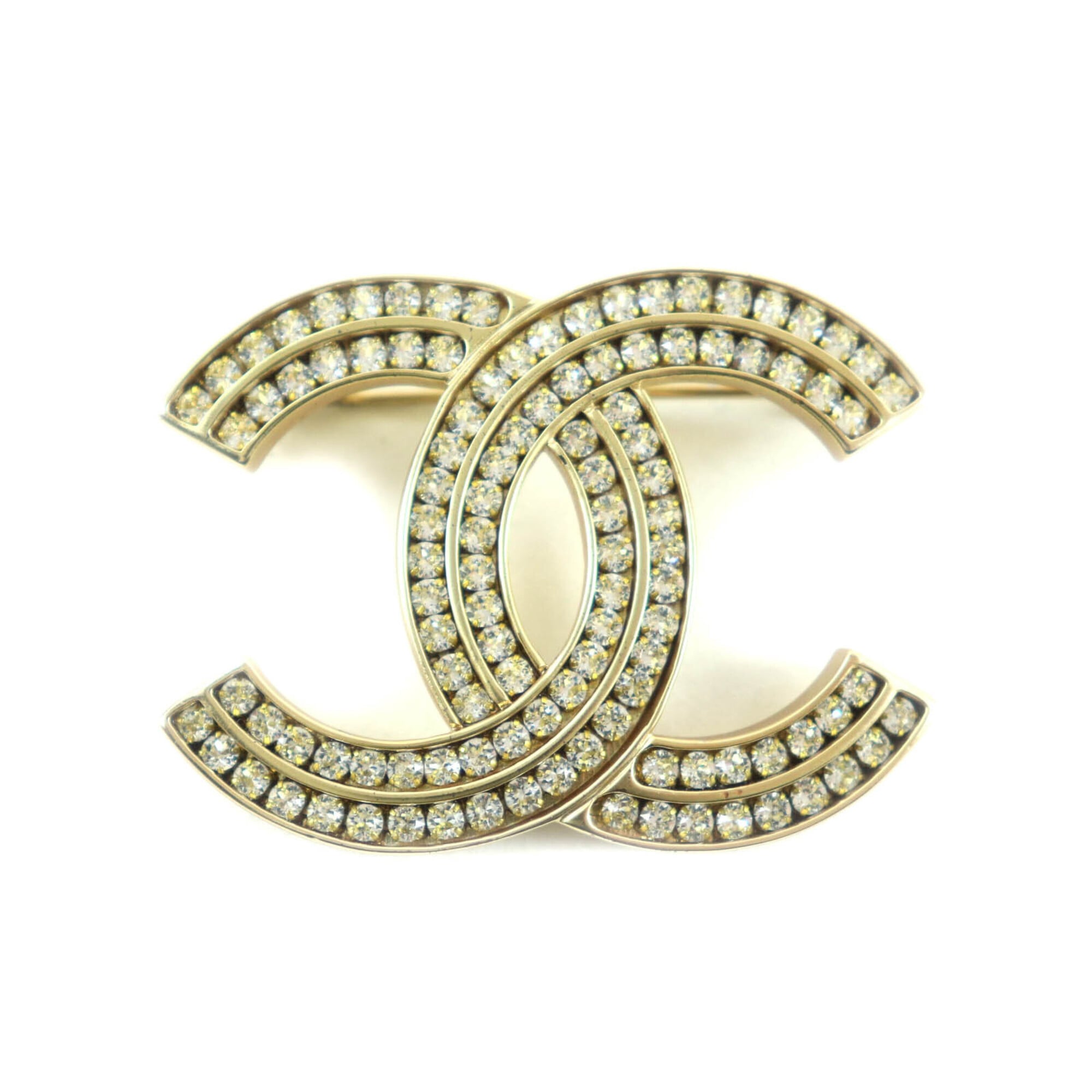 CHANEL A21C Coco Mark Rhinestone Brooch, Gold, with Box and Dust Bag, Made in France, Women\'s.