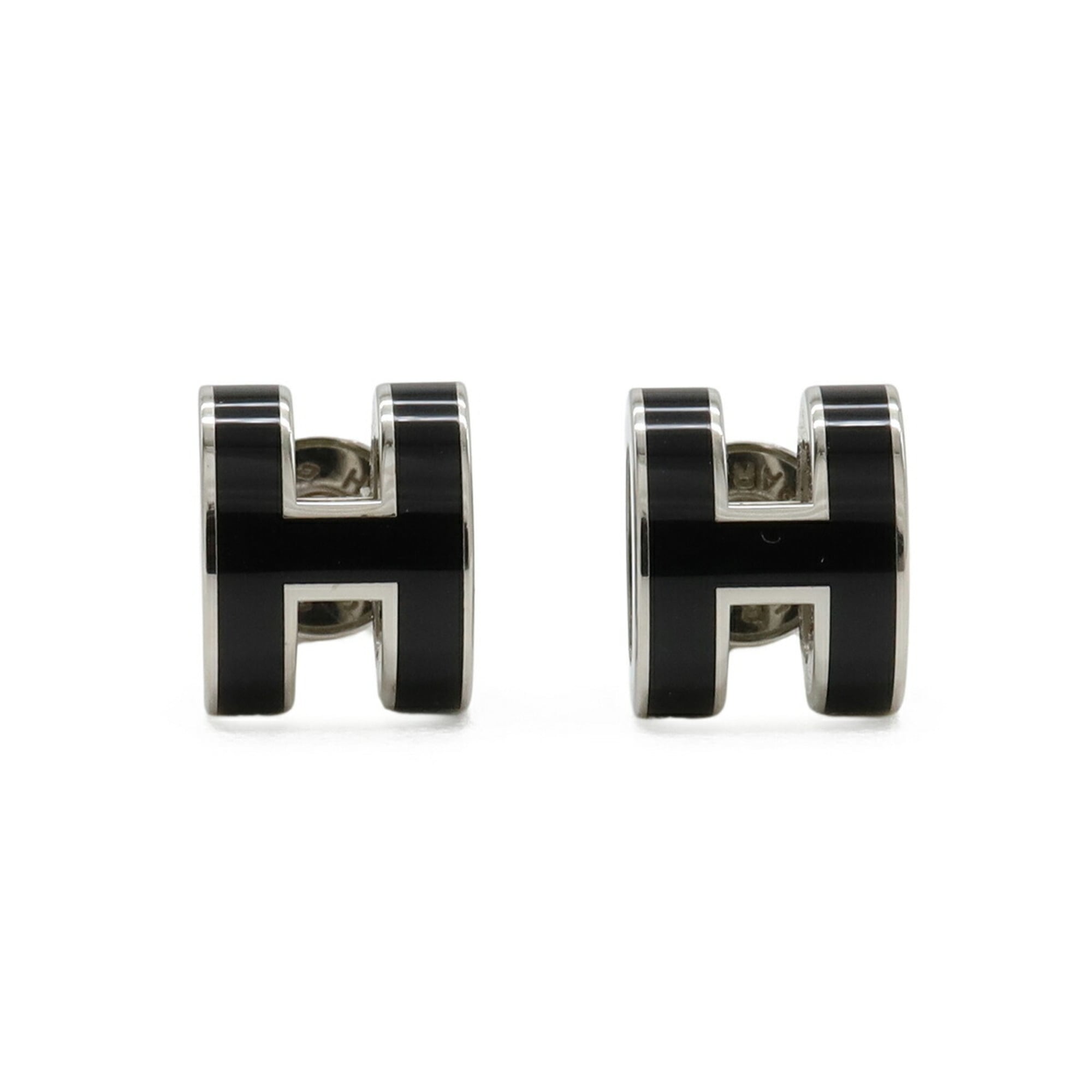 HERMES Mini Pop H Earrings, Metal, Lacquer, Black, Silver