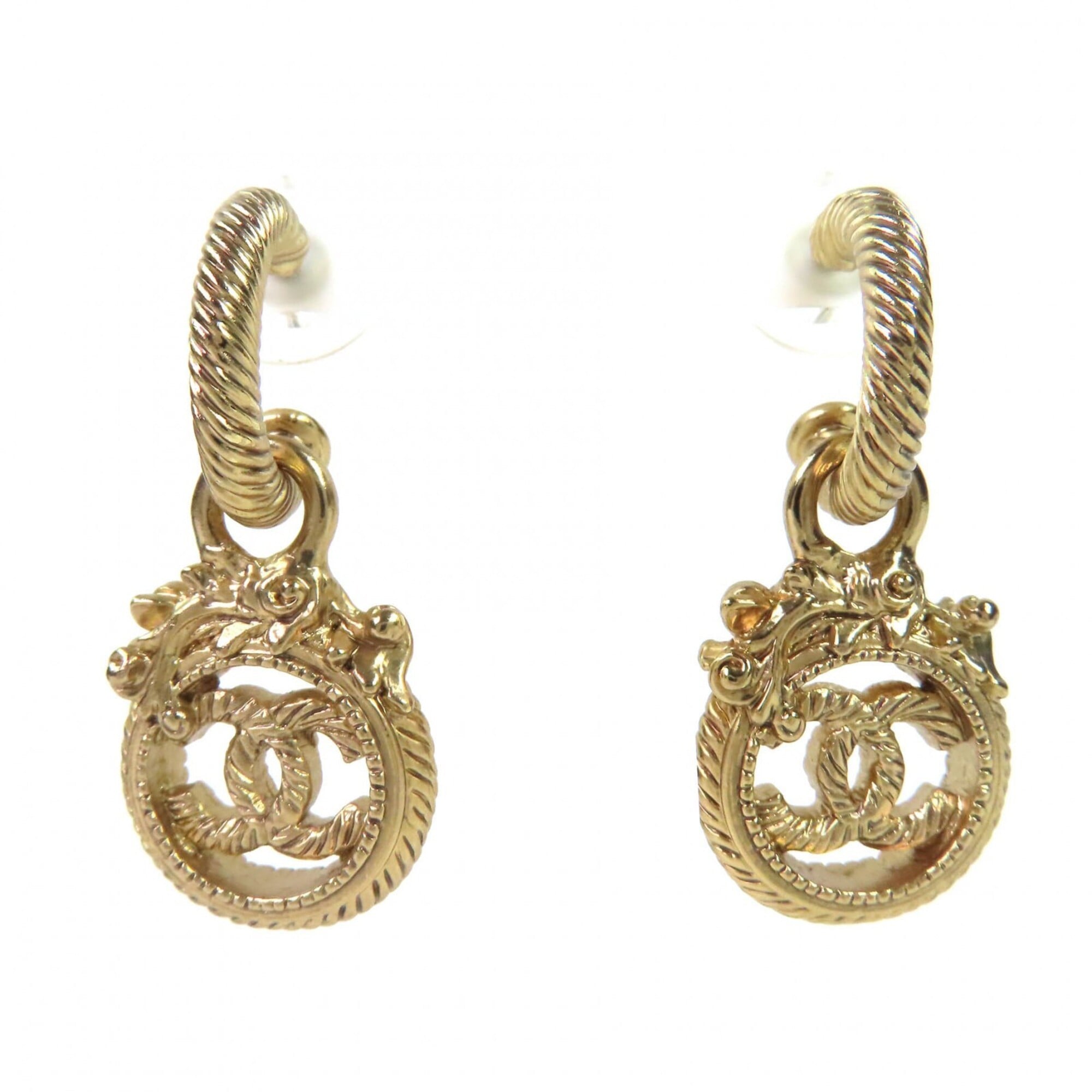 CHANEL Vintage 05A Coco Mark Rope Twist Swing Earrings, Gold, Made in France, Women\'s. (Pair)