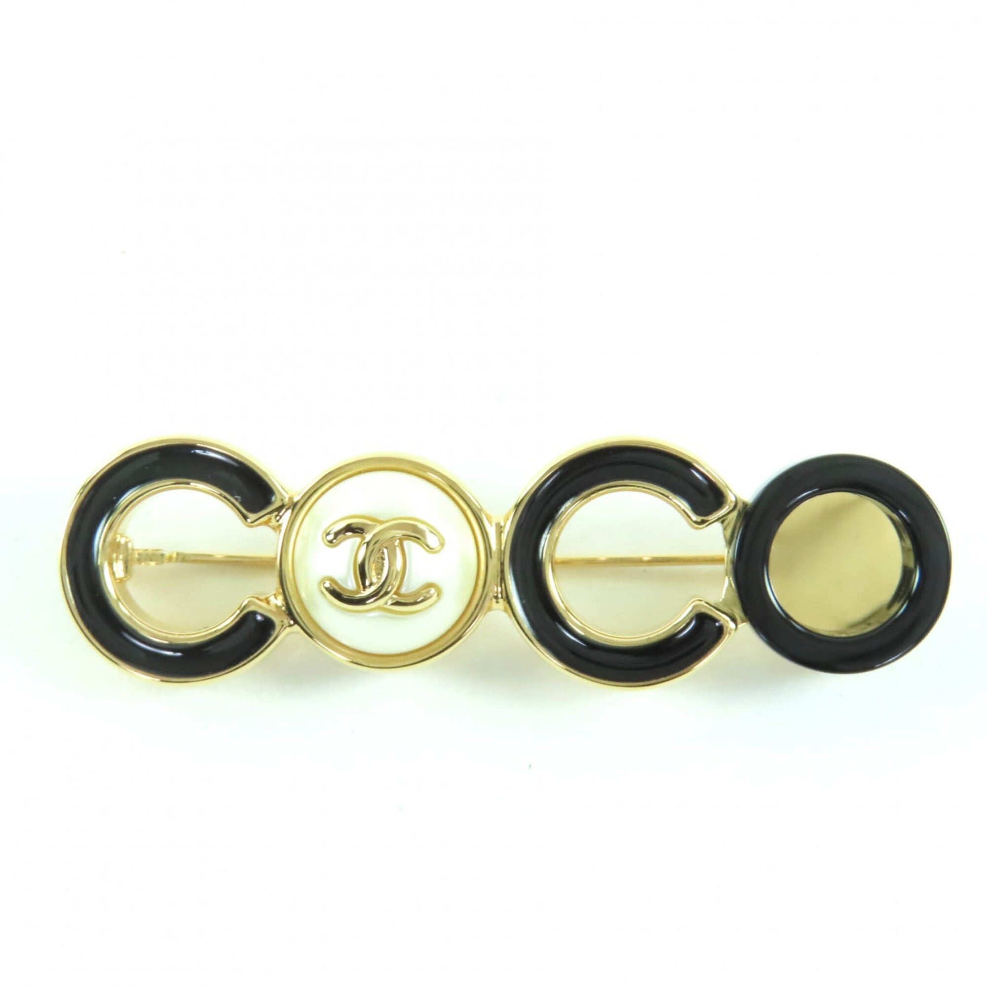 CHANEL B24B Coco Mark Brooch with Faux Pearls, Black and Gold, Box, Made in Italy, Women\'s.