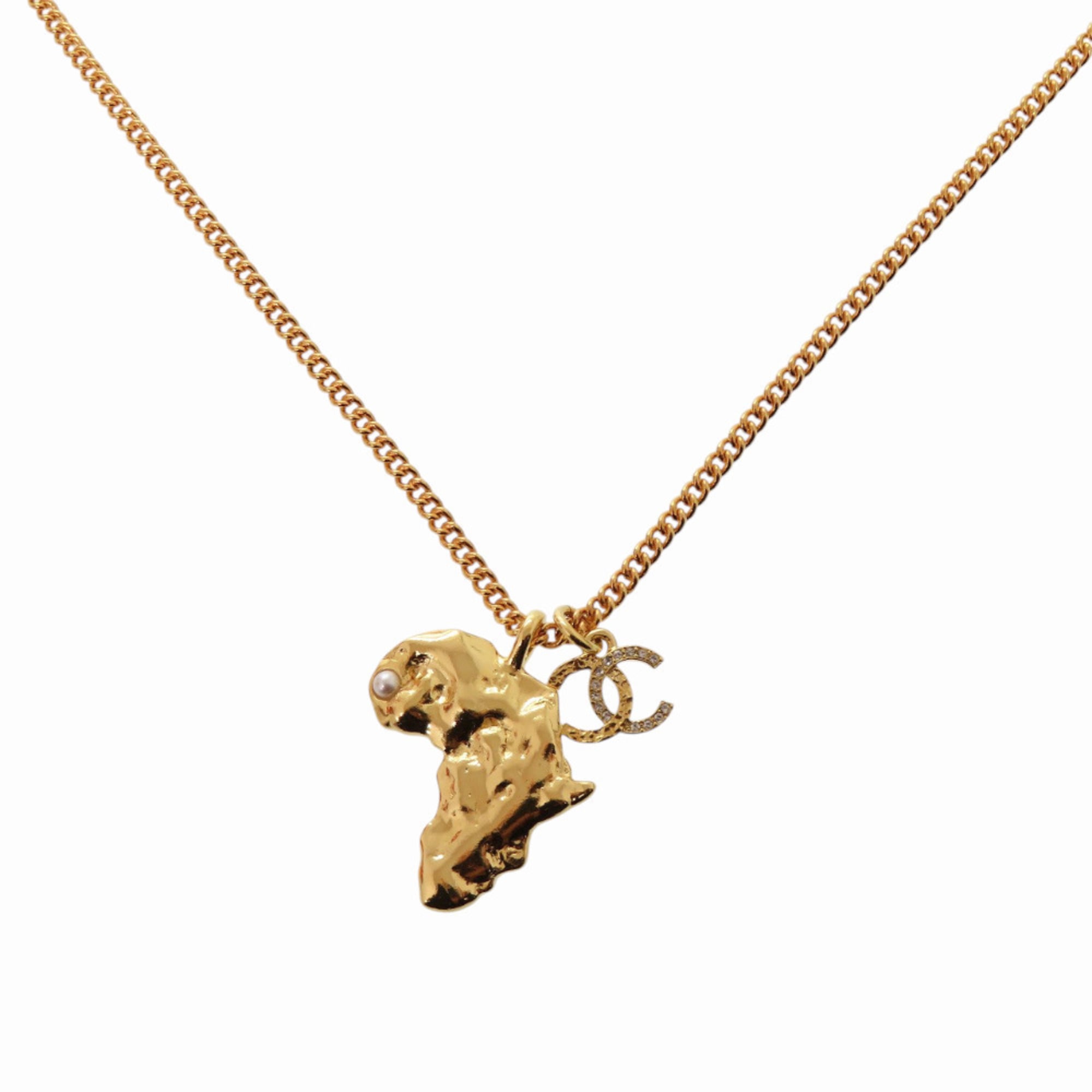 Chanel Coco Mark African Continent Motif Metal Faux Pearl Rhinestone Gold Necklace 0357CHANEL
