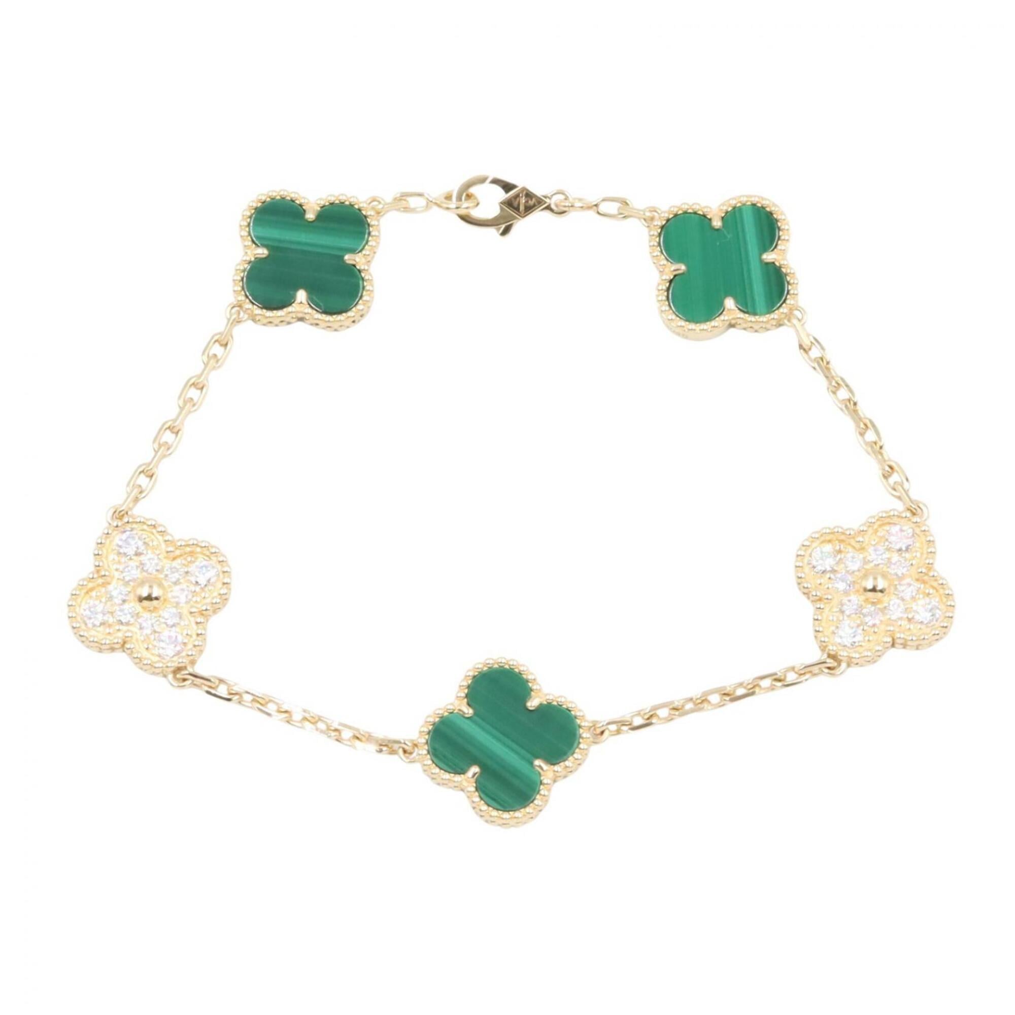 Van Cleef & Arpels Vintage Alhambra 5-Motif Malachite Diamond Bracelet, 18K (Yellow Gold), Diamond,