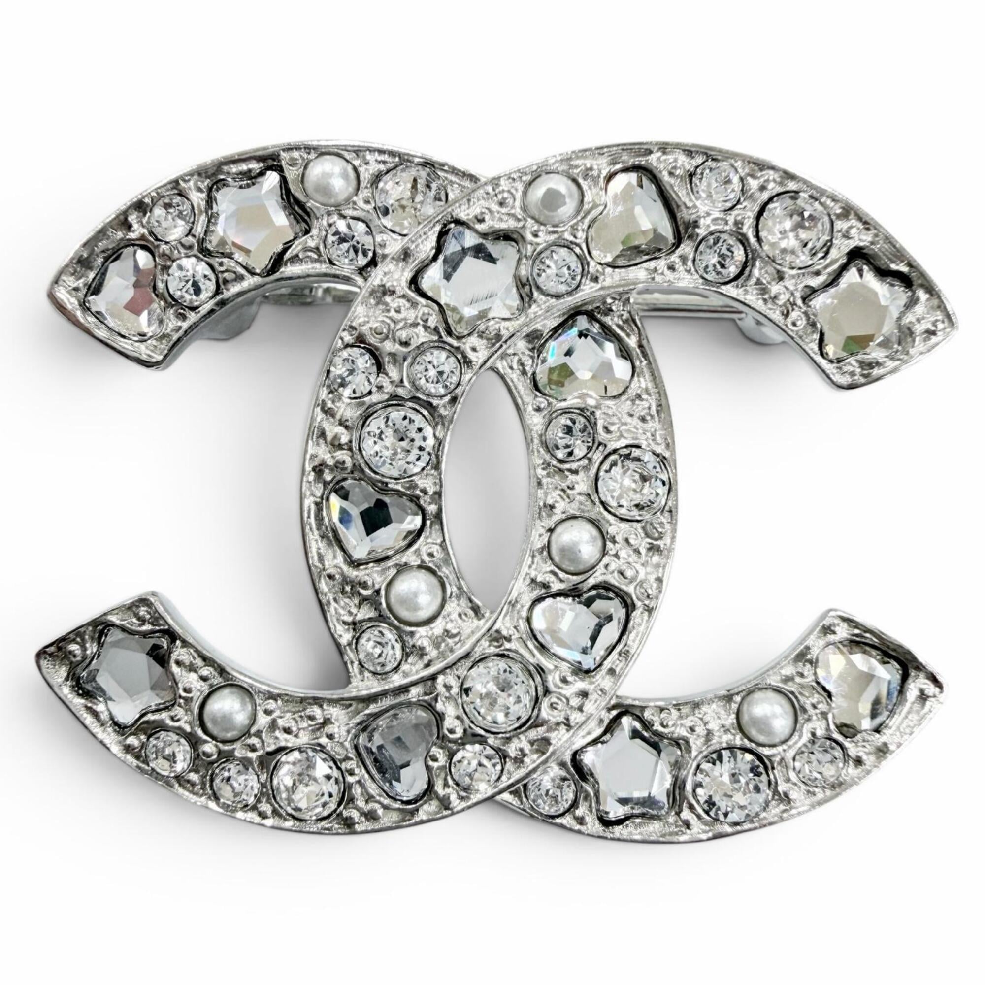 CHANEL B25P Coco Mark Star, Heart, Faux Pearl, Rhinestone Brooch, Silver, Made in Italy, Women\'s, w