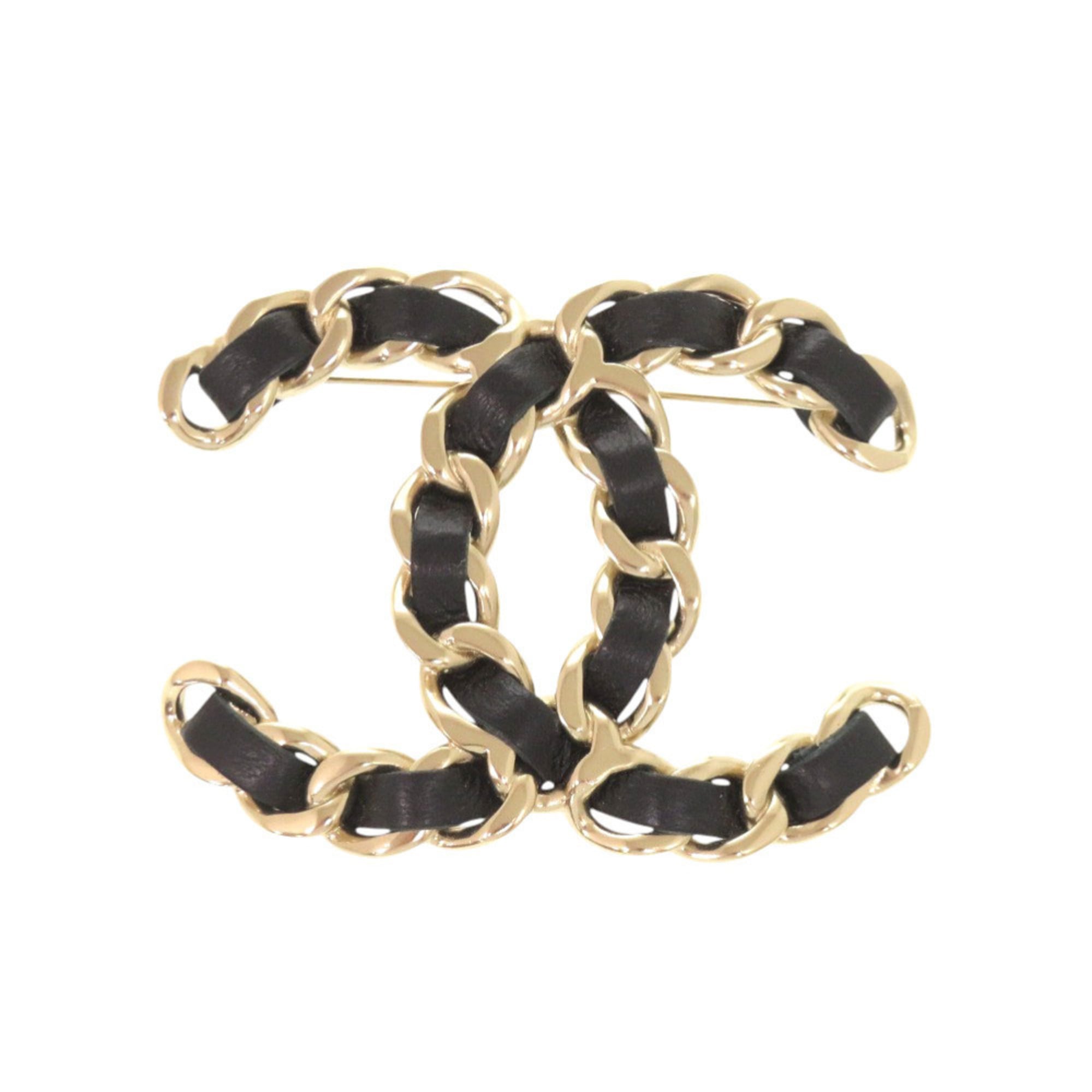 Chanel Coco Mark Chain Motif Brooch, Leather, Black, Accessory 1314 CHANEL