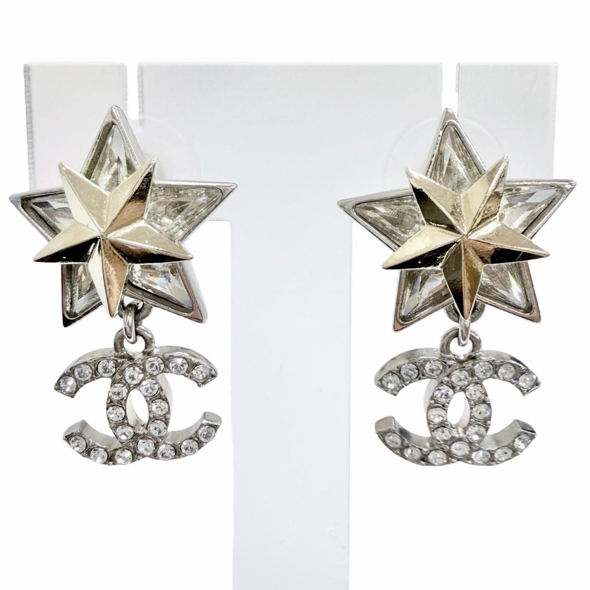 CHANEL C23S ABA907 Coco Mark Rhinestone Strass Star Crystal Swing Earrings (Pair) Champagne Gold Sil