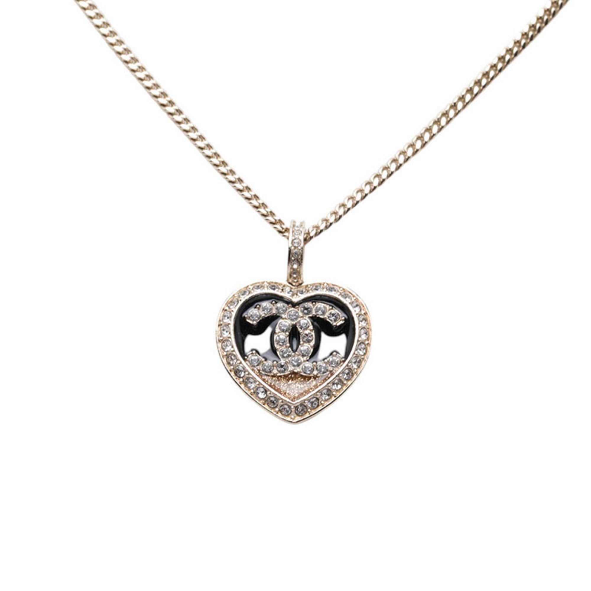 Chanel Coco Mark Heart Motif Necklace, Gold and Black Plated Rhinestones, Women\'s CHANEL