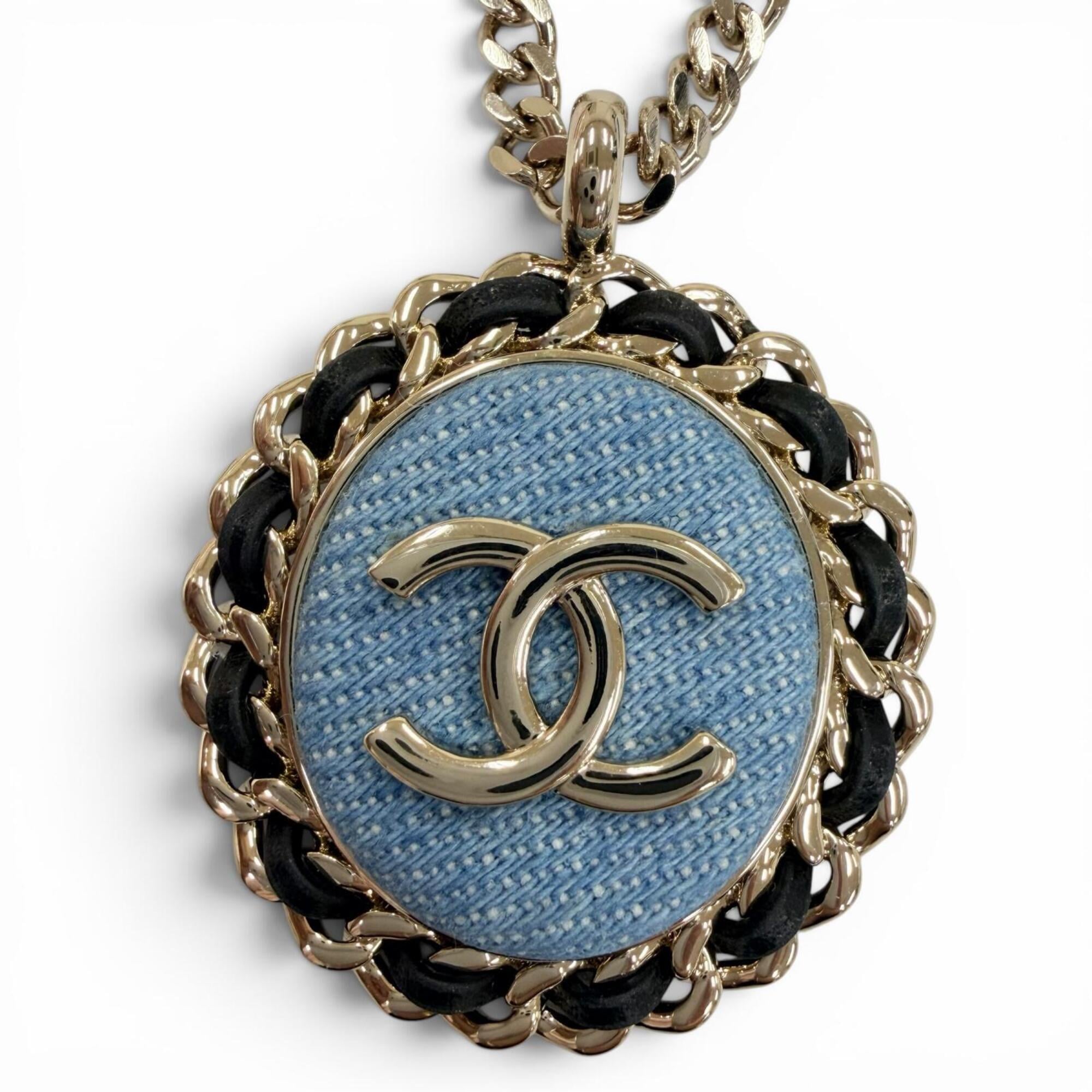 CHANEL (2025 model) B25P Coco Mark Denim Design Chain Necklace, Indigo Blue, Gold Hardware, Made in