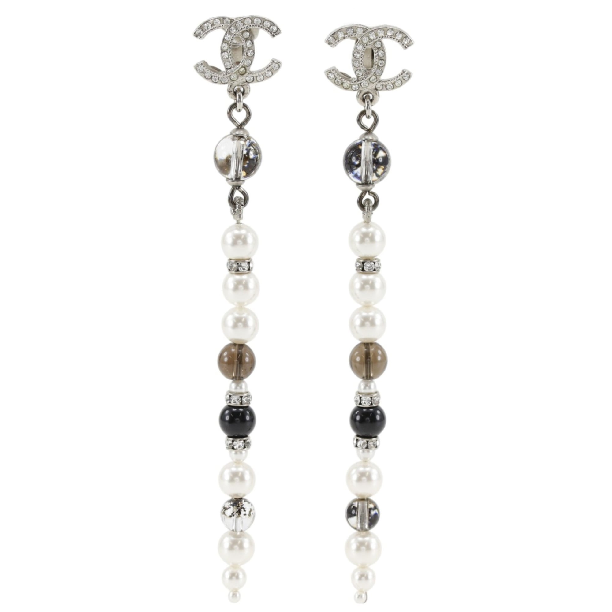 Chanel Coco Mark Earrings, Long, Metal x Faux Pearl Rhinestone, 2019 Model, Silver, A19K Gold, Appro
