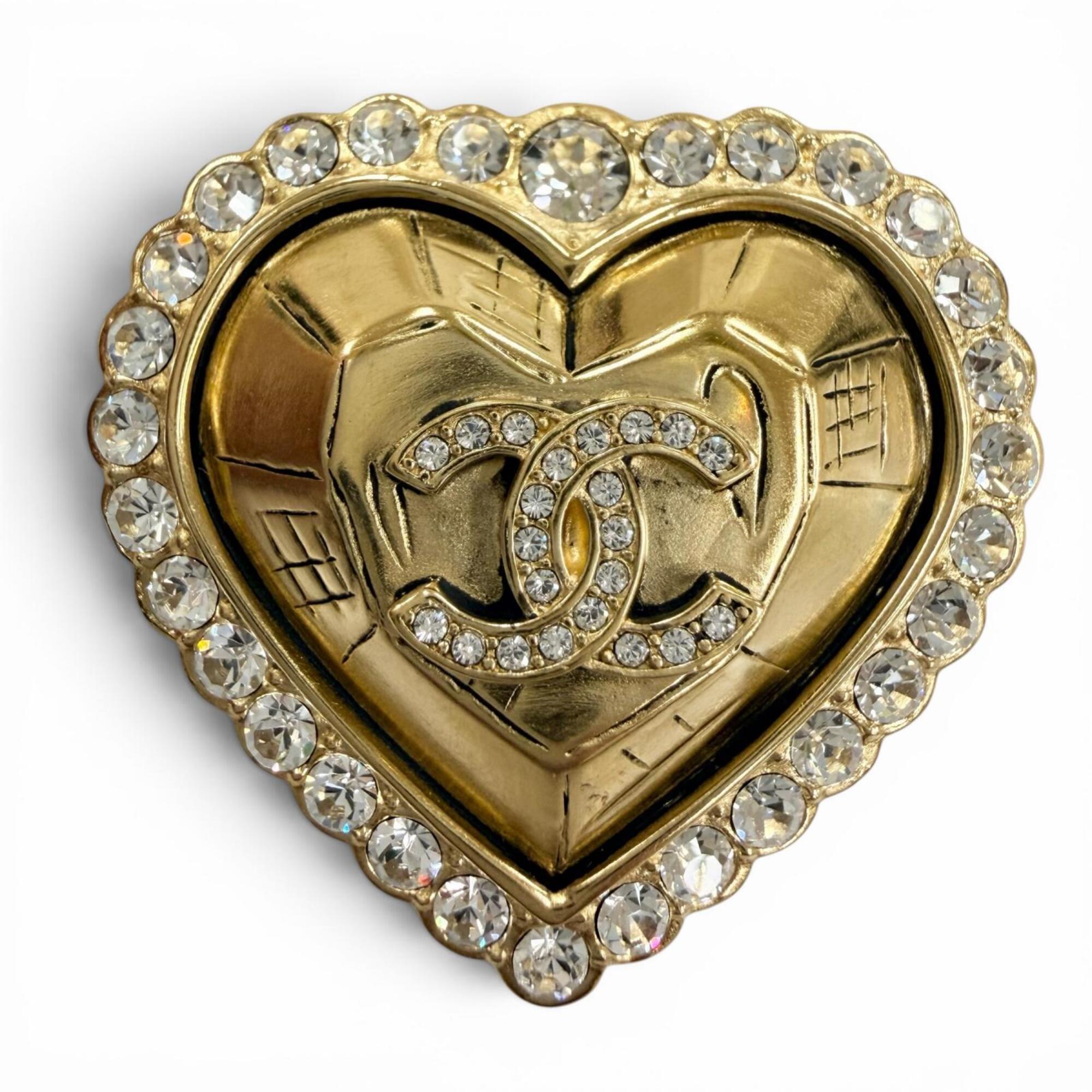 CHANEL L25K Coco Mark Heart Rhinestone Brooch, Gold, Made in France, Women\'s, with Box and Dust Bag
