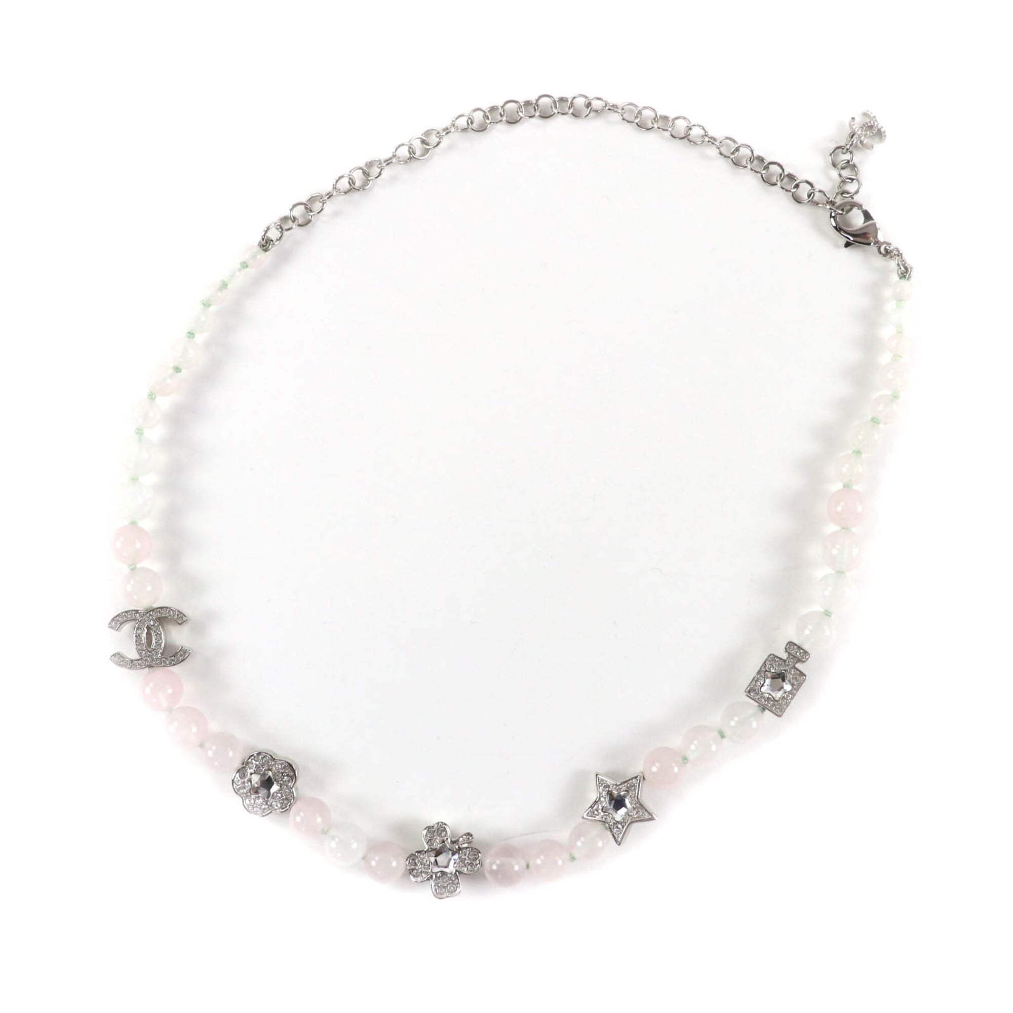 CHANEL B25P Coco Mark Natural Stone Rhinestone Necklace, White and Pink, Silver Hardware, 2025 Model