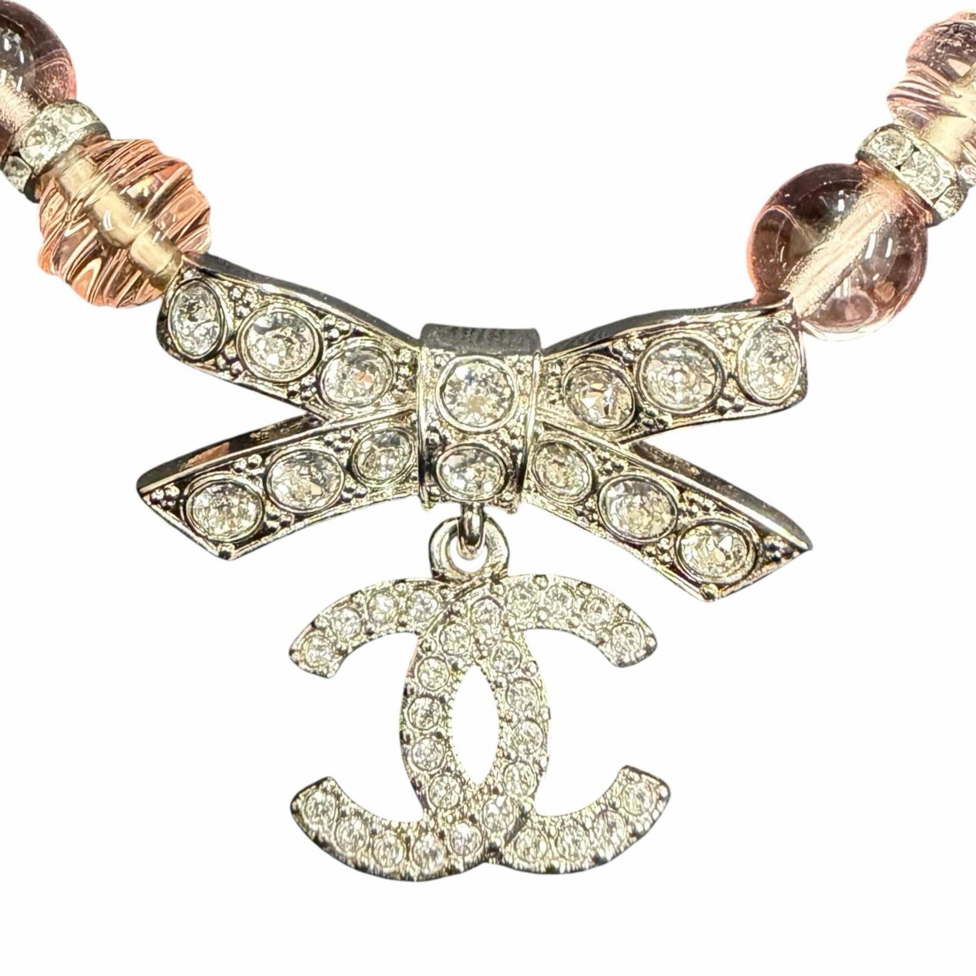 CHANEL (Chanel) 2023 Model B23S Coco Mark Ribbon Rhinestone Choker Necklace, Pink and Silver, with B