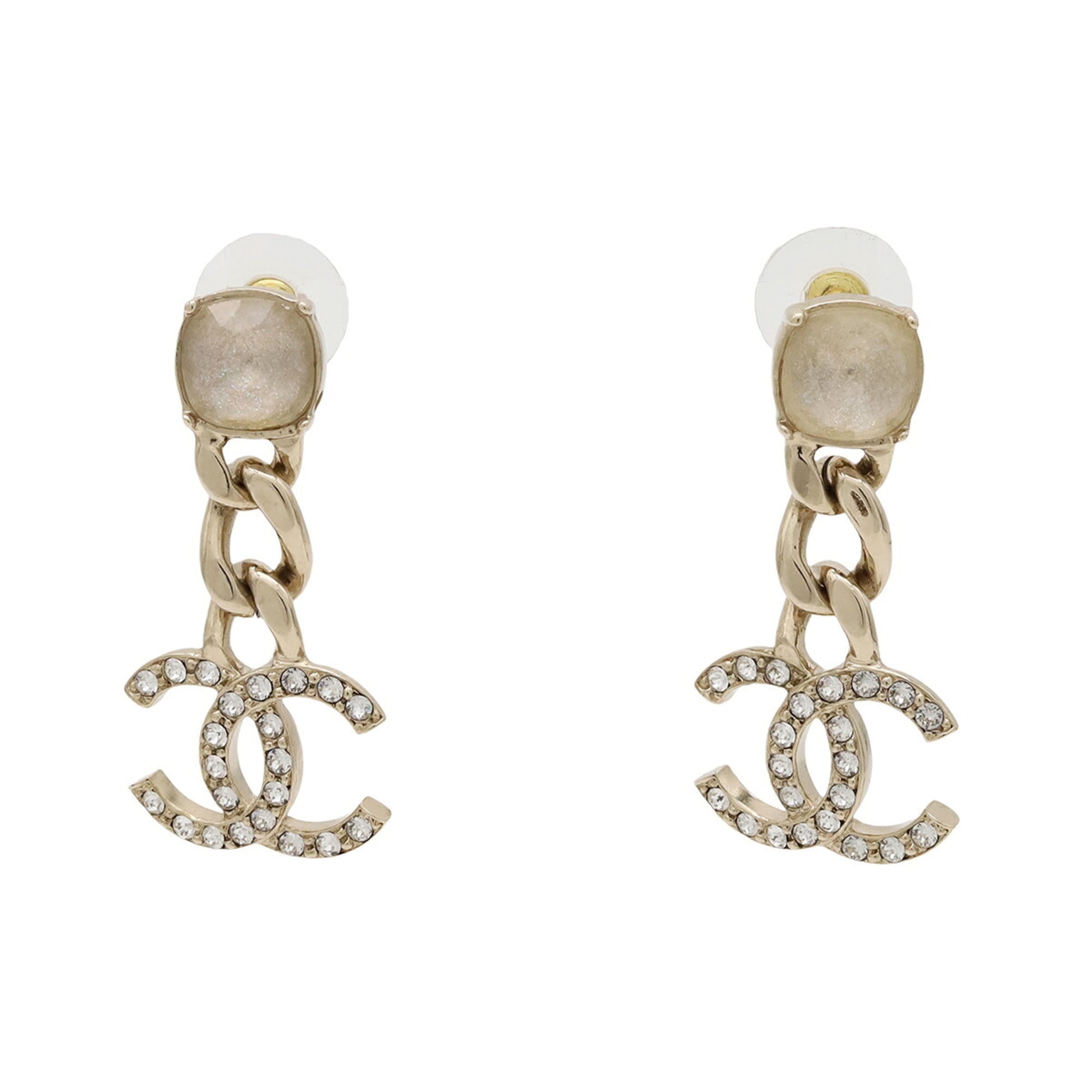 CHANEL Coco Mark Chain Swing Earrings GP Crystal Rhinestone Gold C23C