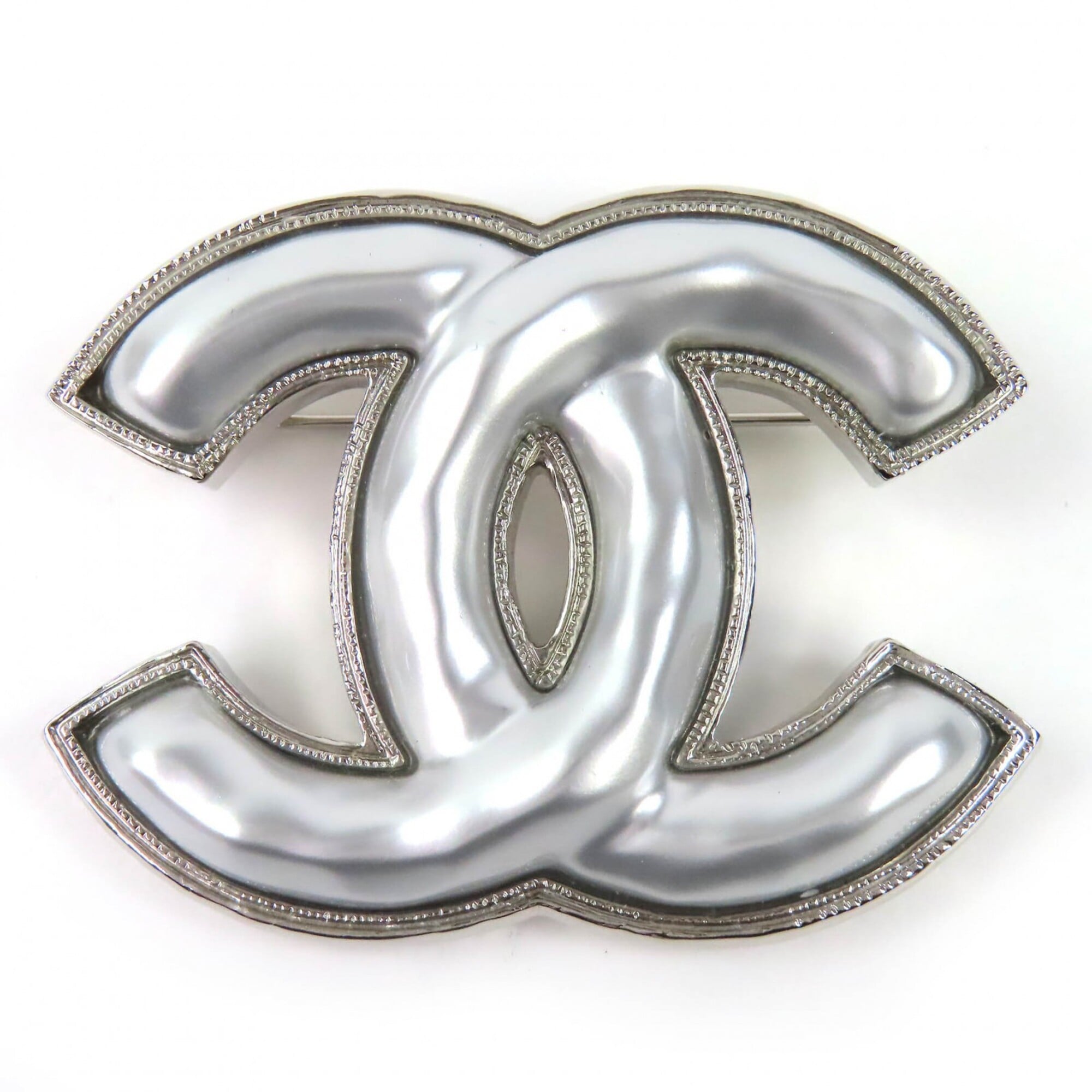 CHANEL B25C Coco Mark CC Logo Brooch, Silver, with Box, Made in Italy, Women\'s, Very Popular, Highl