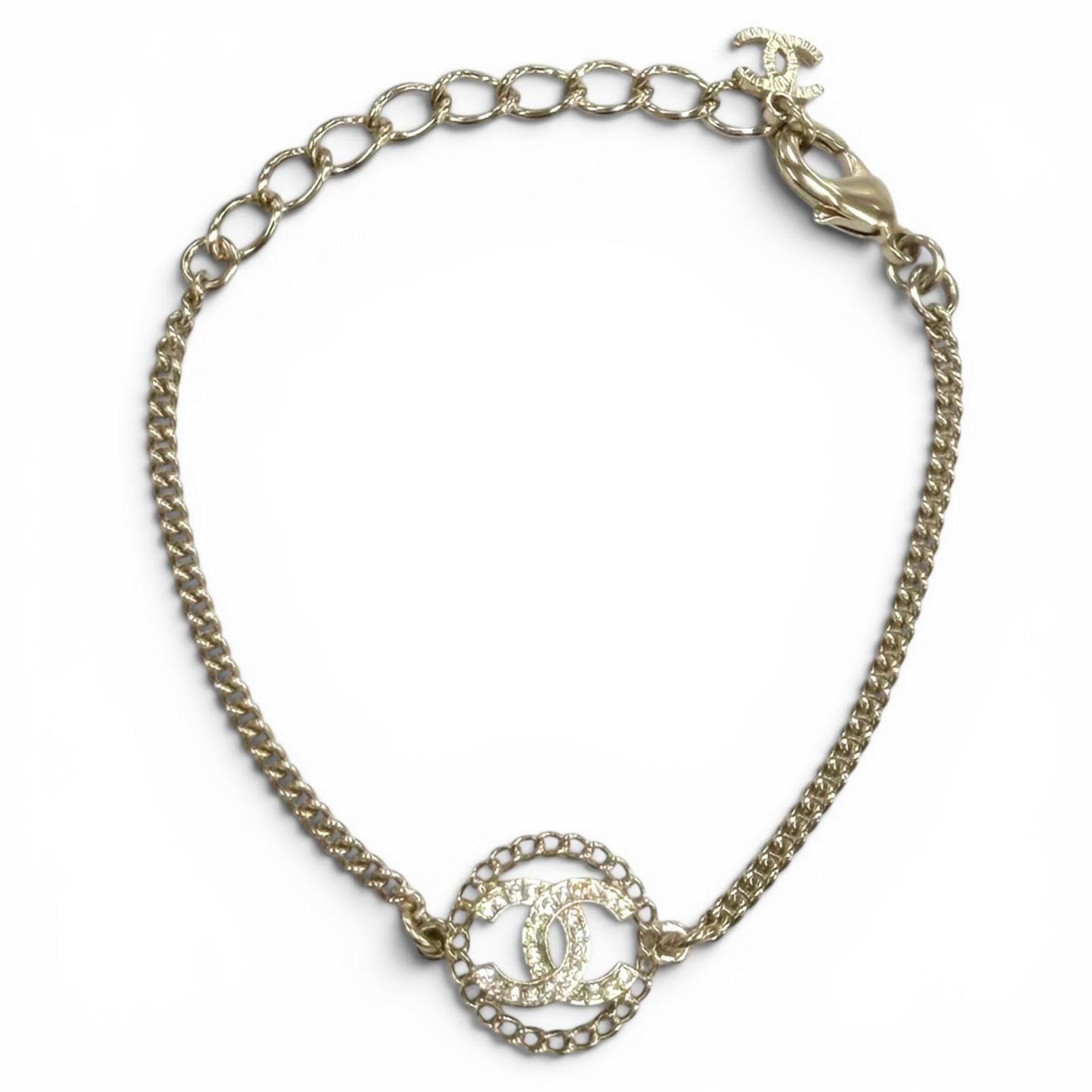 CHANEL A25B ABG297 Rhinestone Coco Mark Bracelet, Gold, Made in France, Women\'s, with Box and Dust