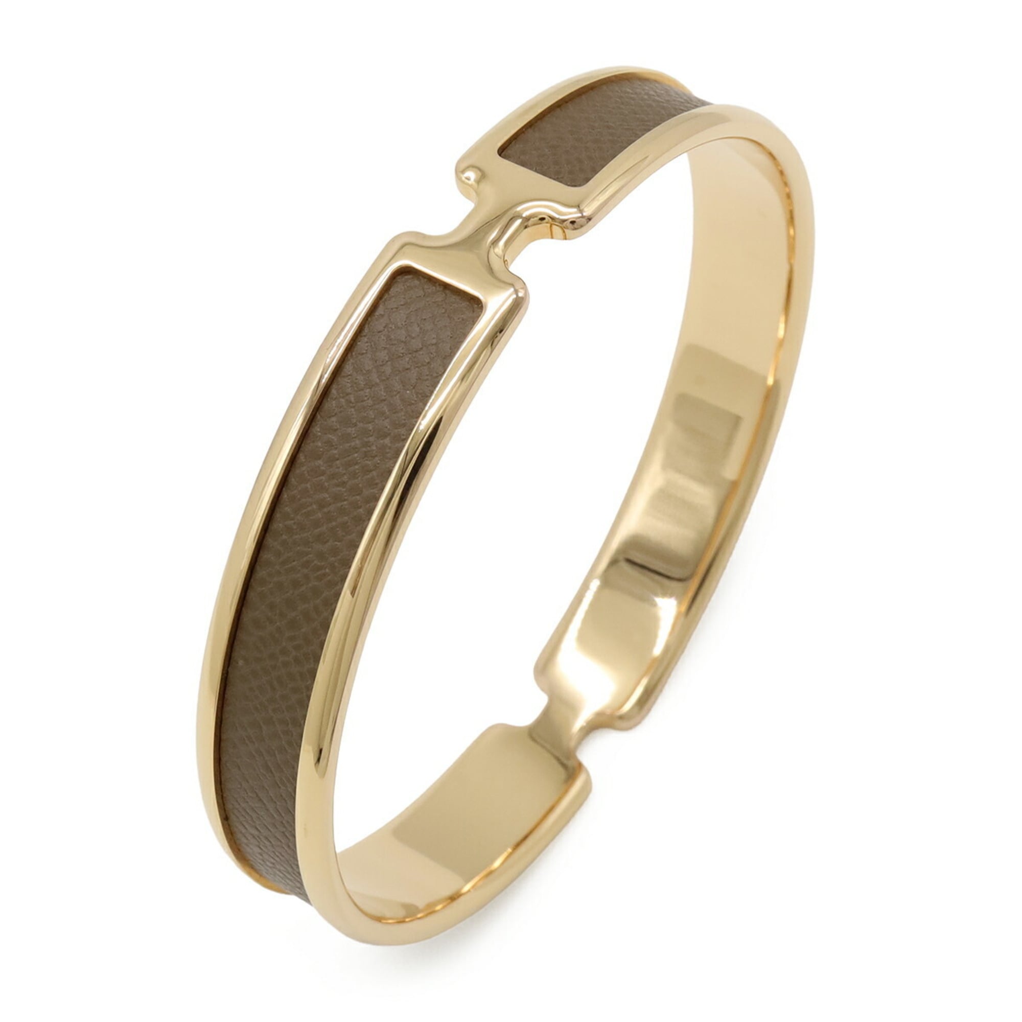HERMES Olympe Bracelet Bangle Yellow Gold Plated Leather Greige Golden