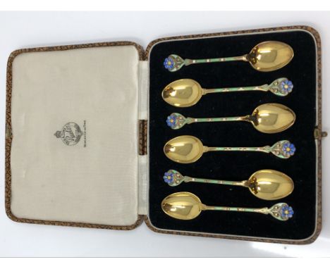 A good set of six silver gilt and enamel Art Nouveau style teaspoons by Walker & Hall CONDITION REPORT: These are in good con