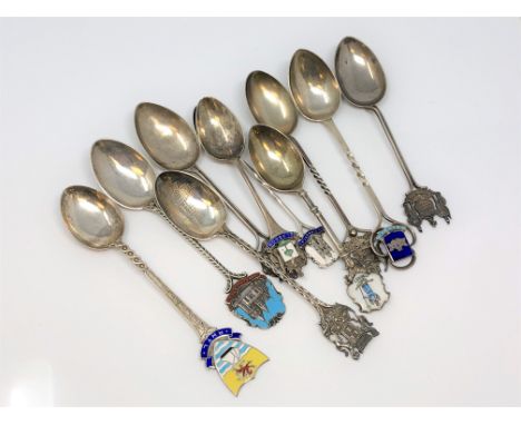 A collection of silver and enamel Scottish, Welsh spoons, Glasgow, Forfar, Dumfries, Edinburgh, Aberdeen etc. (10)