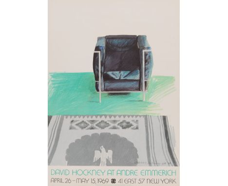 DAVID HOCKNEY 1937 CORBUSIER CHAIR AND RUG. DAVID HOCKNEY AT ANDRE EMMERICH 1969 Farboffset auf festem Papier. Signiert. 93 x