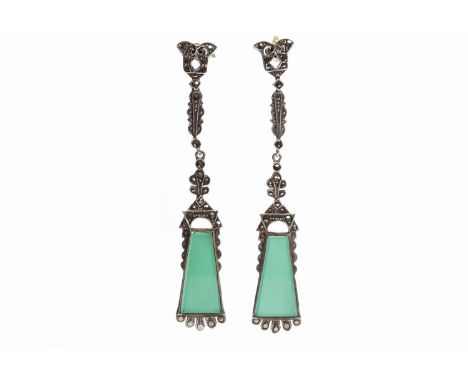 PAIR OF ART DECO MARCASITE SET EARRINGSeach set with a tapered section of green paste, each 62mm long, unmarked