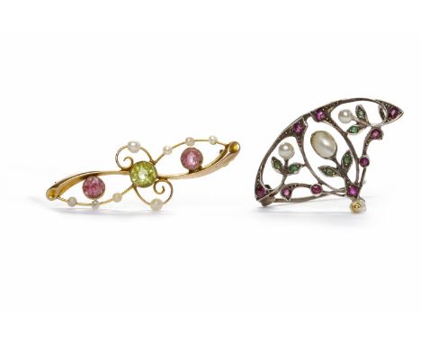 TWO EDWARDIAN GEM SET BROOCHESone hallmarked 935 silver and set with ruby, emerald and pearl, the other marked 625 for fiftee