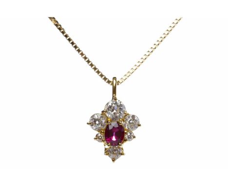 DIAMOND AND RUBY AND PENDANTset with brilliant cut diamonds totalling approximately 1.40 carats and a central oval ruby 6mm l
