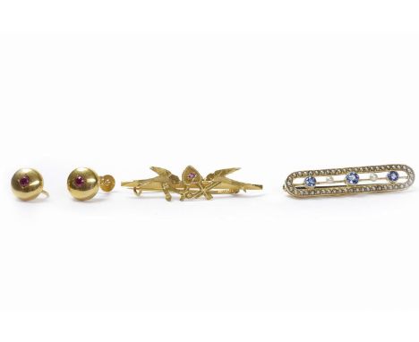 PAIR OF VICTORIAN EARRINGSeach of circular cushion form and set with a central pink gem, possibly created ruby, each with scr