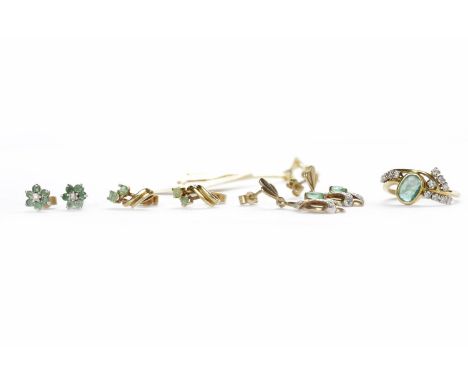 GROUP OF GREEN GEM SET JEWELLERYcomprising an eighteen carat gold gem and diamond ring, size K, three pairs of unmarked earri