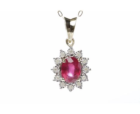 NINE CARAT GOLD RUBY AND DIAMOND CLUSTER NECKLACEwith an oval ruby of approximately 1.50 carats surrounded by illusion set ro