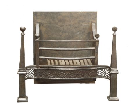 A large George III steel fire grate, with pierced decoration and outstepped obelisk supports to either side,80cm wide46cm dee
