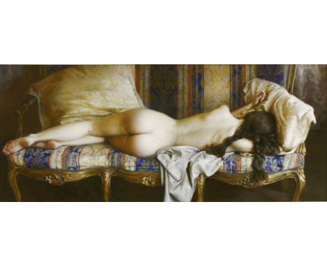 Marina Marina (Russian, b.1970)A RECLINING NUDESigned l.r., signed and inscribed verso, oil on canvas40 x 95cmMarina Marina w