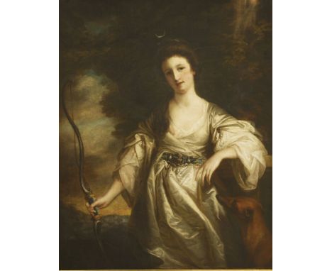 Attributed to Francis Cotes RA (1726-1770)PORTRAIT OF JOYCE LAKE AS DIANA, THREE-QUARTER LENGTH, IN A WHITE DRESS AND HOLDING