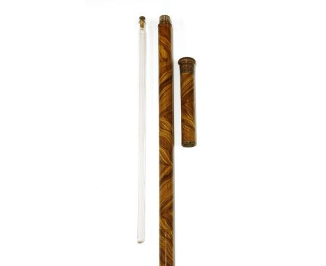 A gentlemen's refreshment walking stick,19th century, having two compartments, one screwed at the top, containing a small gla