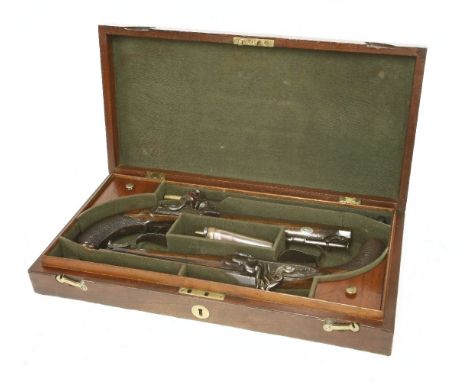 A pair of flintlock Officer's pistols by Ross,9in sited octagonal barrels, border and scroll-engraved bolted locks signed 'Ro