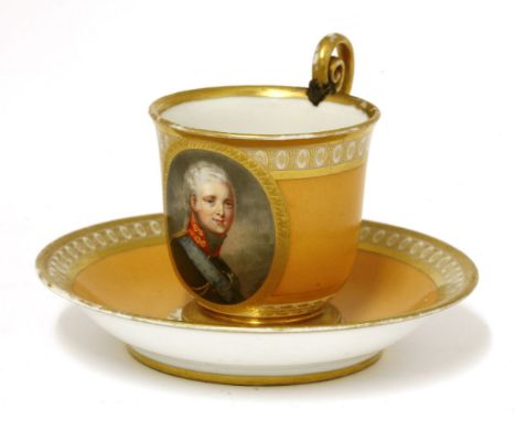 A French porcelain Dihl et Guérhard cup and saucer, c.1800-1820, with an orange ground and gilt edge, the saucer centred with